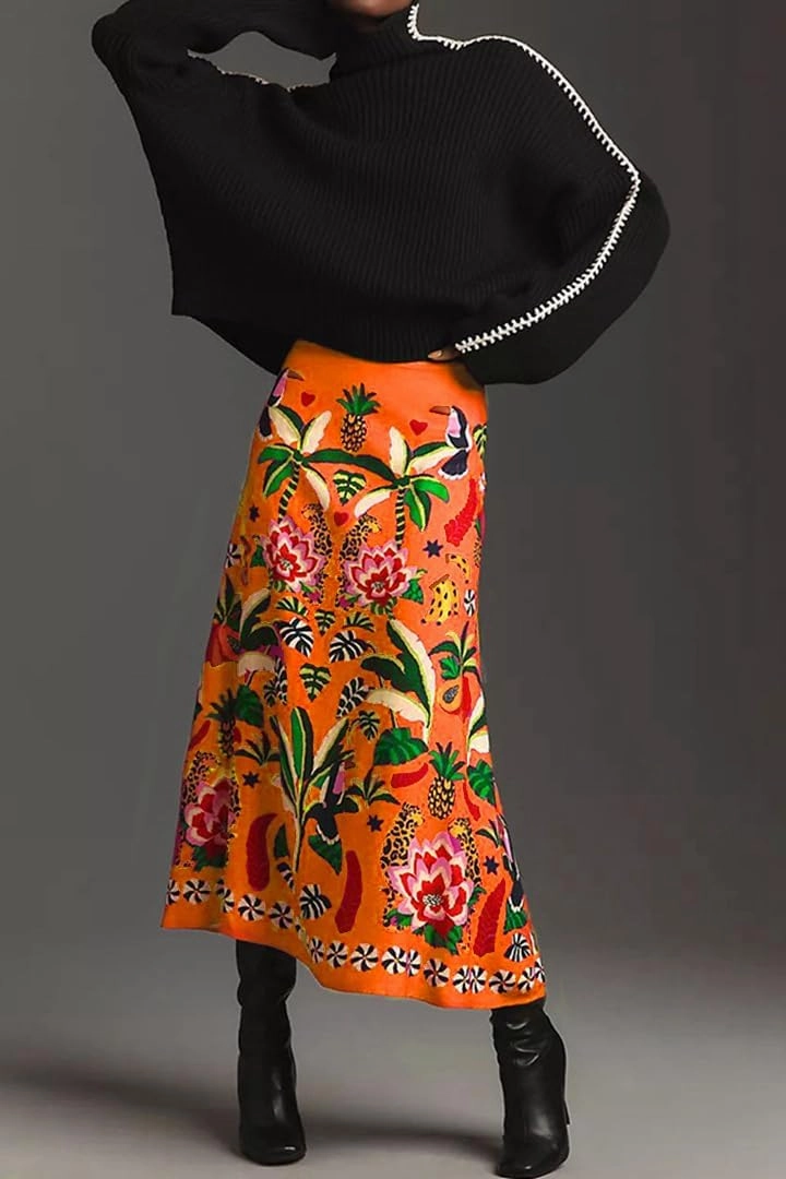 THLAI Womens Skirt Midi Skirt Tropical Plant Print Pink Zipper A-Line Long Skirts Spring Summer Skirt Floral