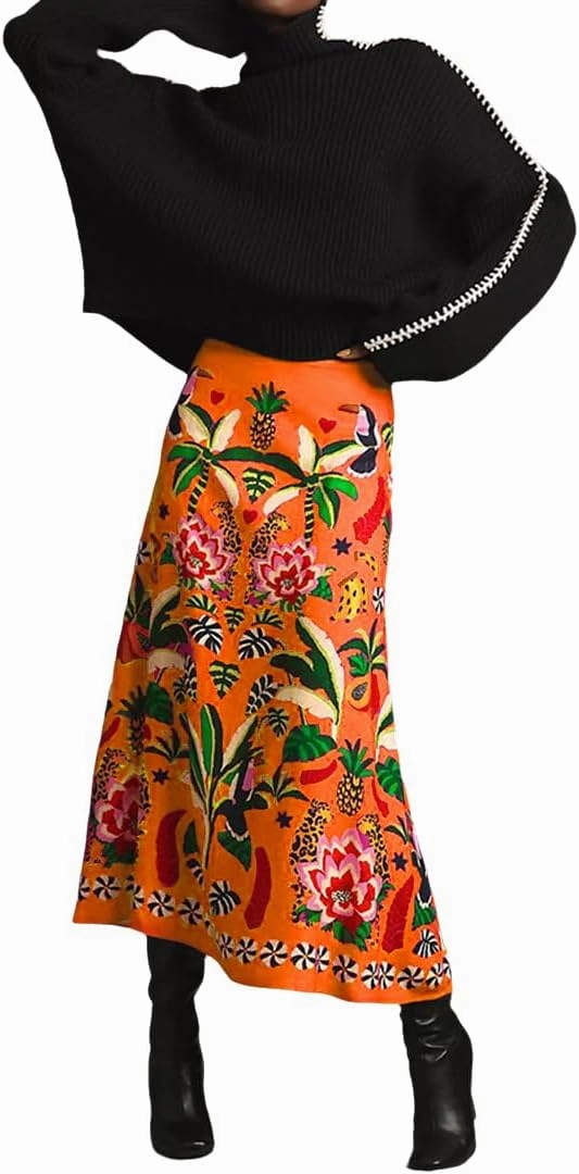 THLAI Womens Skirt Midi Skirt Tropical Plant Print Pink Zipper A-Line Long Skirts Spring Summer Skirt Floral