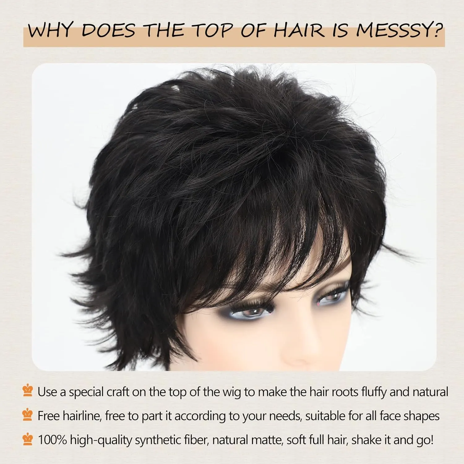 TISHINING Black Short Curly Wigs for white Women Shaggy Layered Black Pixie Cut Wig with Bangs Natural Looking Heat Synthetic Hair Replacement Wigs for Daily Party Use