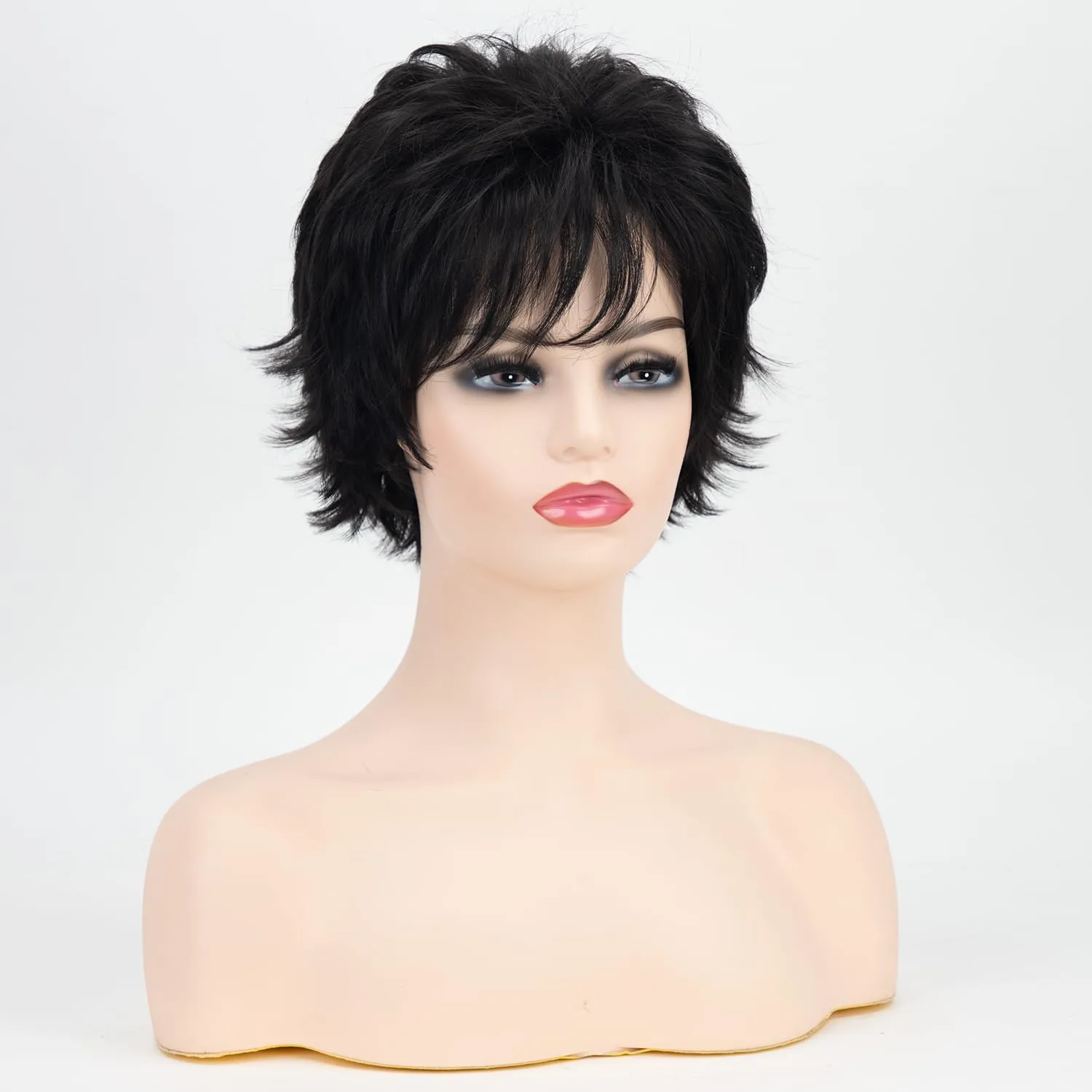 TISHINING Black Short Curly Wigs for white Women Shaggy Layered Black Pixie Cut Wig with Bangs Natural Looking Heat Synthetic Hair Replacement Wigs for Daily Party Use