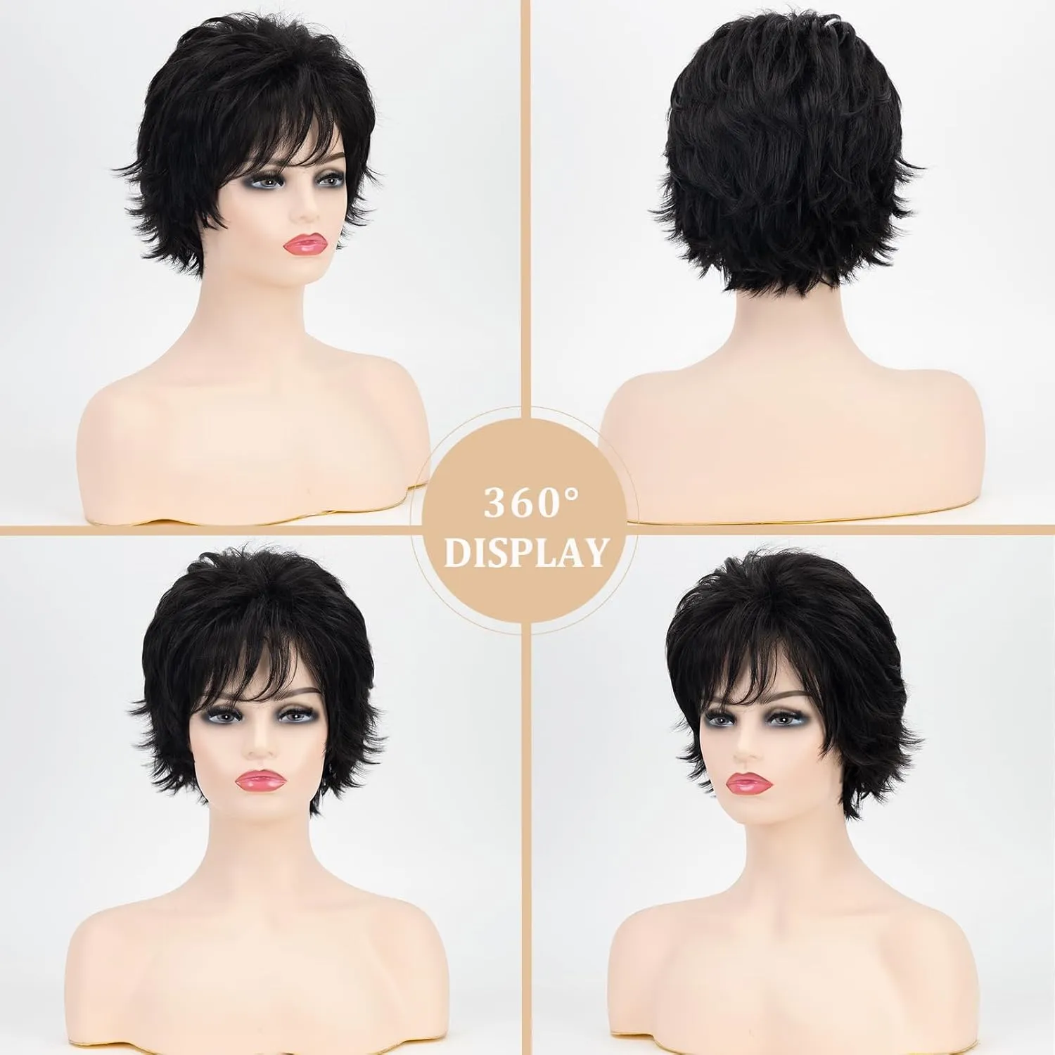 TISHINING Black Short Curly Wigs for white Women Shaggy Layered Black Pixie Cut Wig with Bangs Natural Looking Heat Synthetic Hair Replacement Wigs for Daily Party Use
