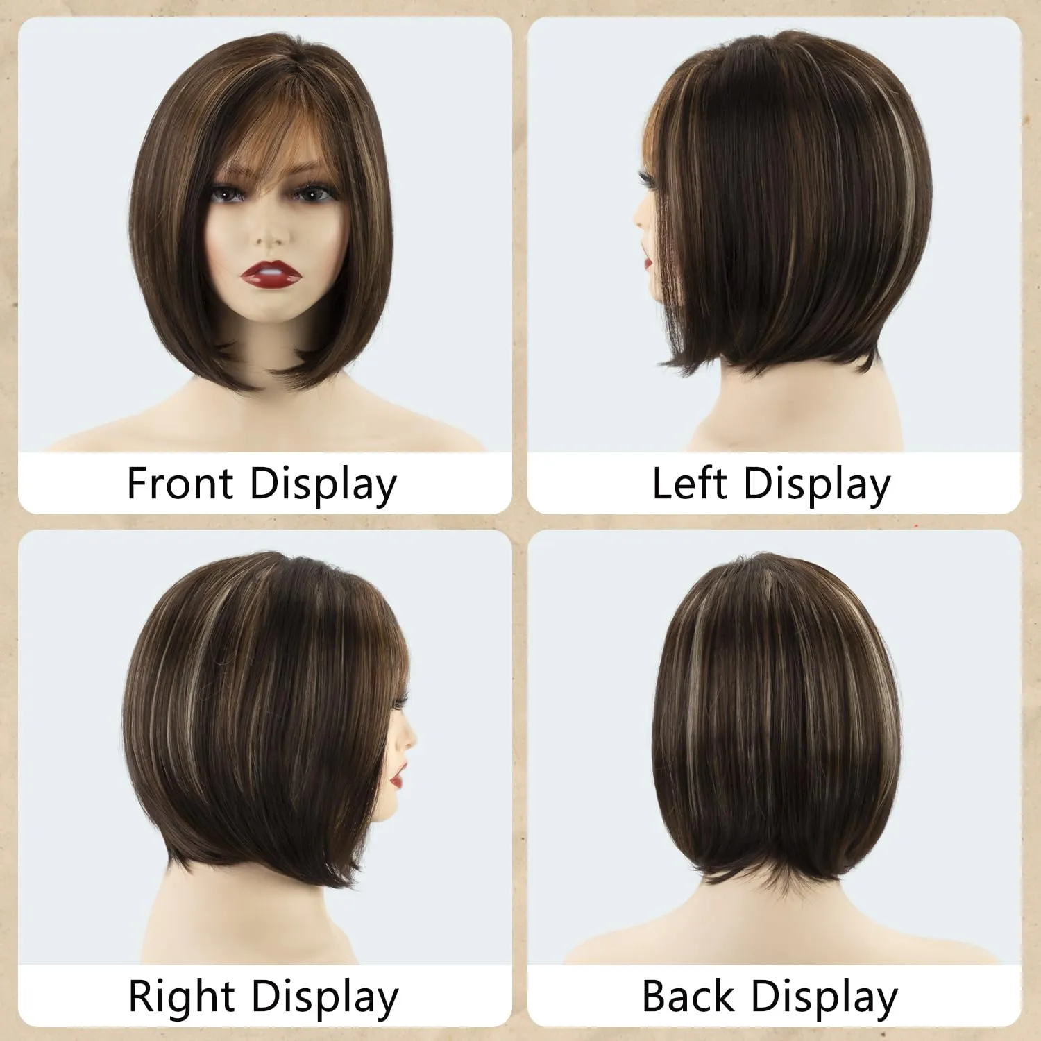 TISHINING Brown Highlight Short Bob Wig with Bangs for White Women Chin Length Layered Brown Mix Blonde Pixie Bob Wig Synthetic Natural Straight Hair Wigs for Daily Party Use
