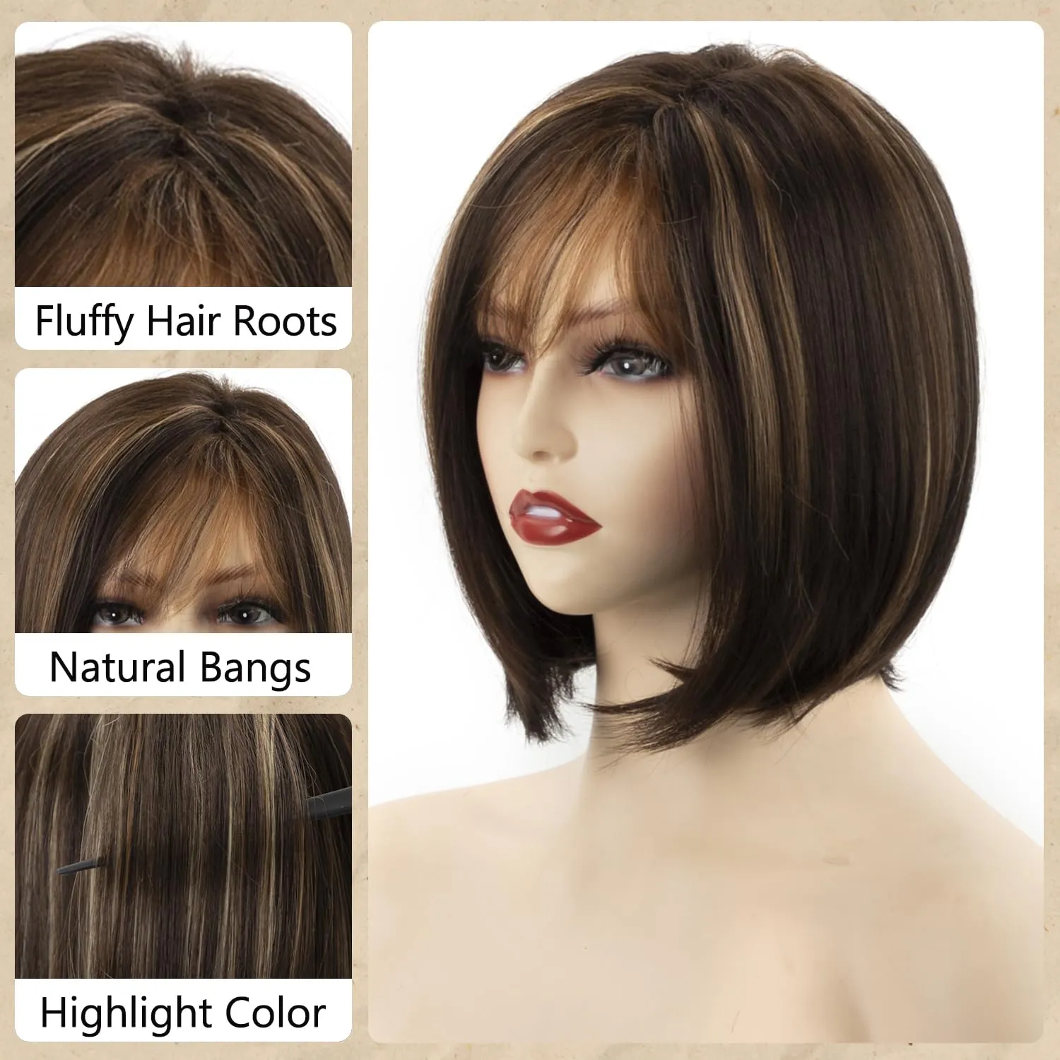 TISHINING Brown Highlight Short Bob Wig with Bangs for White Women Chin Length Layered Brown Mix Blonde Pixie Bob Wig Synthetic Natural Straight Hair Wigs for Daily Party Use