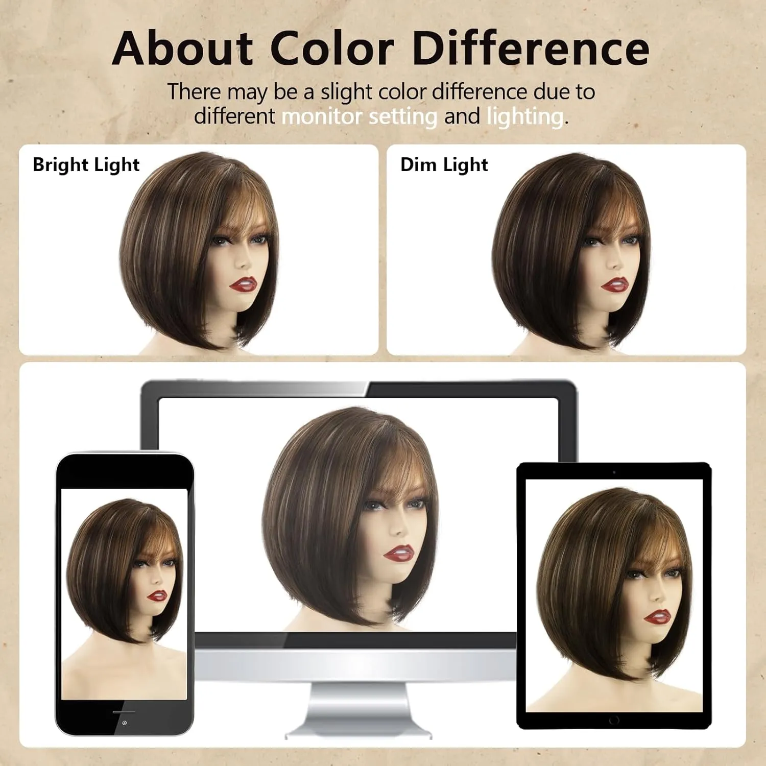 TISHINING Brown Highlight Short Bob Wig with Bangs for White Women Chin Length Layered Brown Mix Blonde Pixie Bob Wig Synthetic Natural Straight Hair Wigs for Daily Party Use