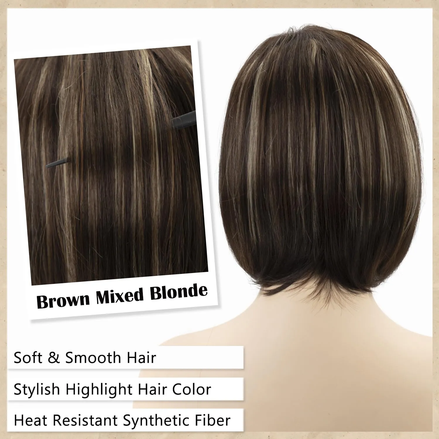 TISHINING Brown Highlight Short Bob Wig with Bangs for White Women Chin Length Layered Brown Mix Blonde Pixie Bob Wig Synthetic Natural Straight Hair Wigs for Daily Party Use