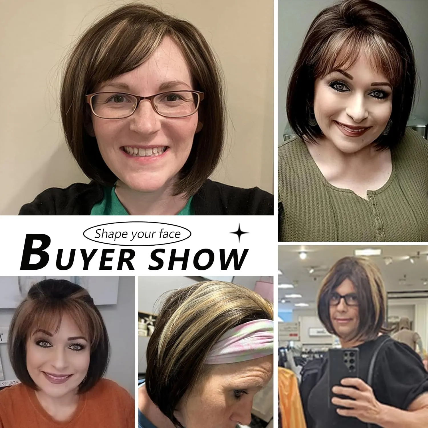 TISHINING Brown Highlight Short Bob Wig with Bangs for White Women Chin Length Layered Brown Mix Blonde Pixie Bob Wig Synthetic Natural Straight Hair Wigs for Daily Party Use