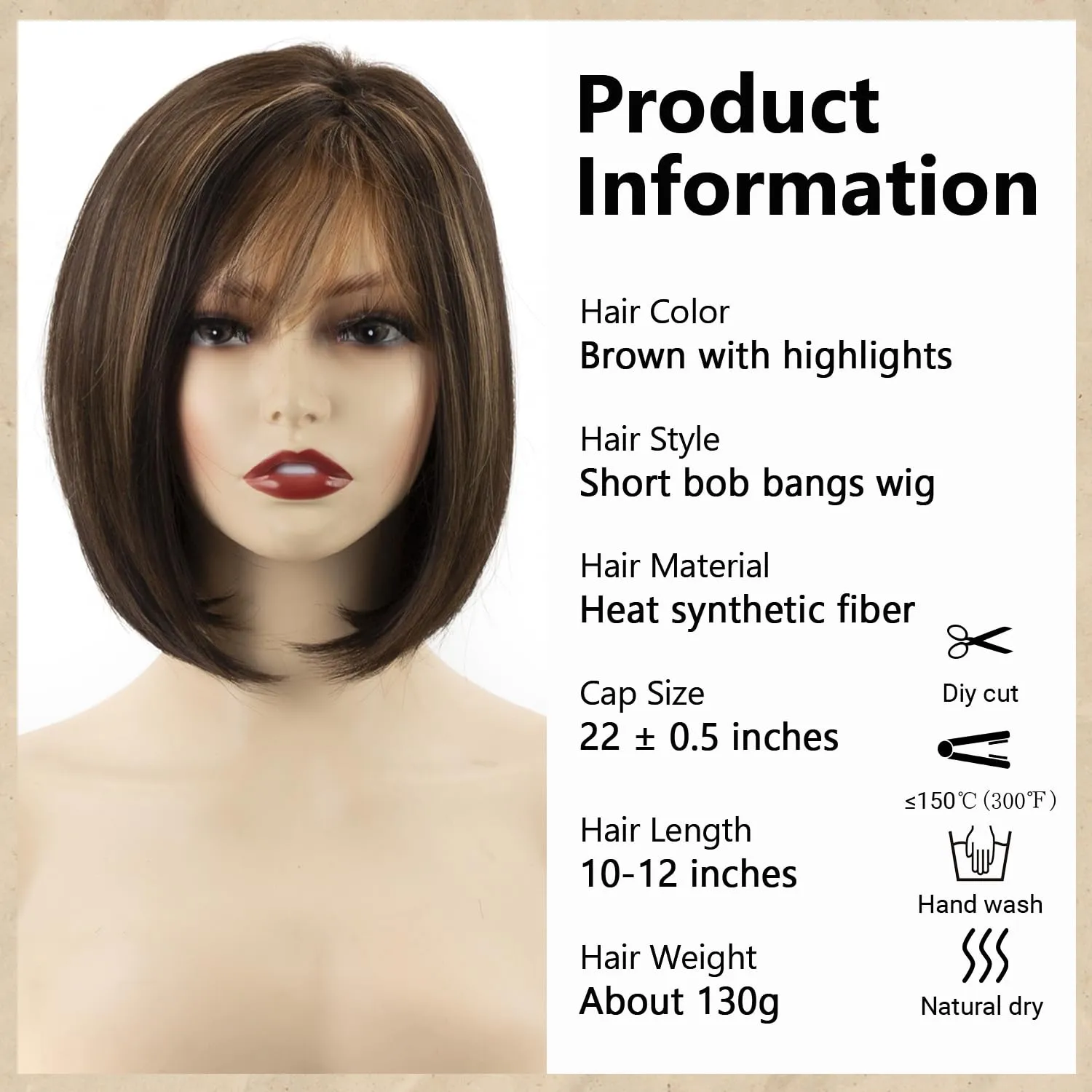 TISHINING Brown Highlight Short Bob Wig with Bangs for White Women Chin Length Layered Brown Mix Blonde Pixie Bob Wig Synthetic Natural Straight Hair Wigs for Daily Party Use