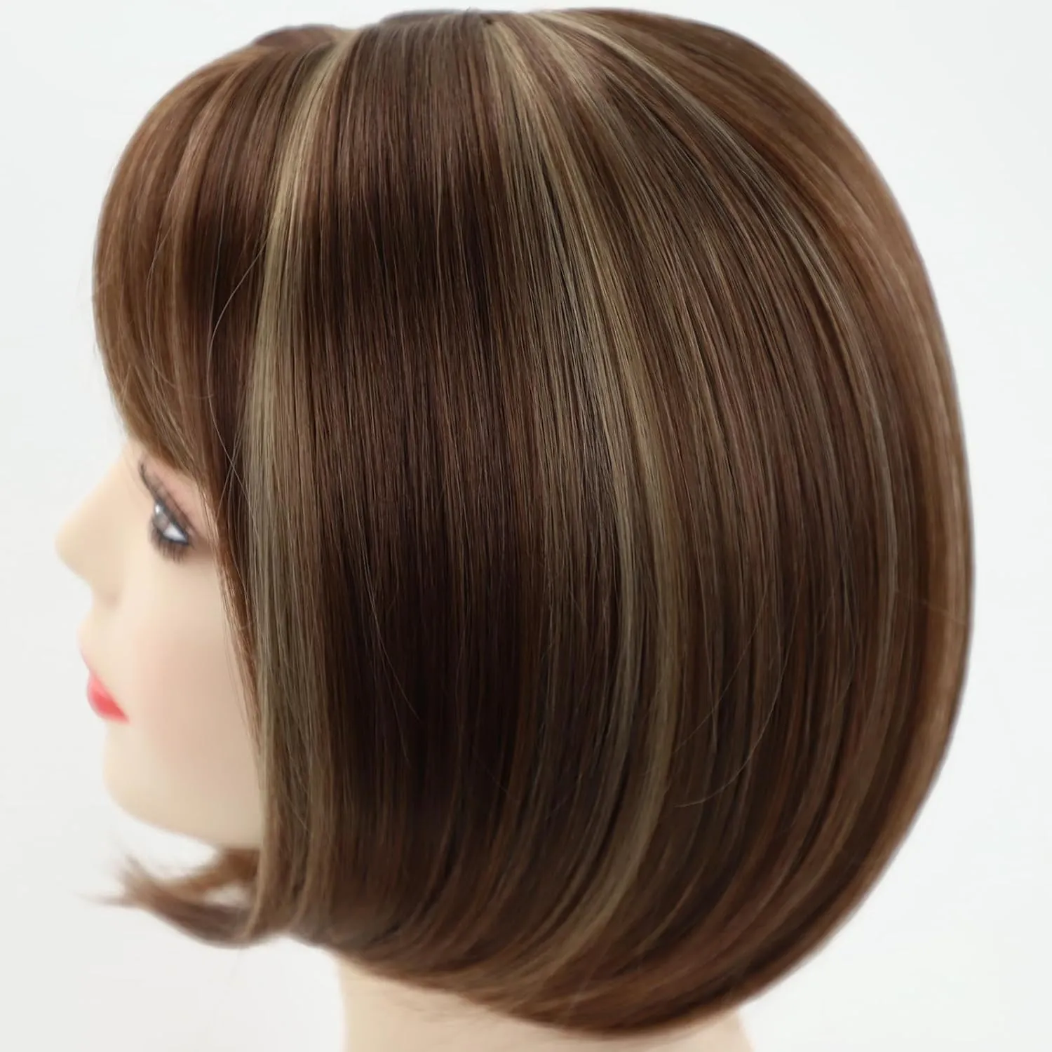 TISHINING Brown Highlights Short Bob Wig with Bangs Wigs for Women Chin Length Brown Mix Blonde Straight Hair Synthetic wig Natural Looking Daily Party Wig (12 Inch)