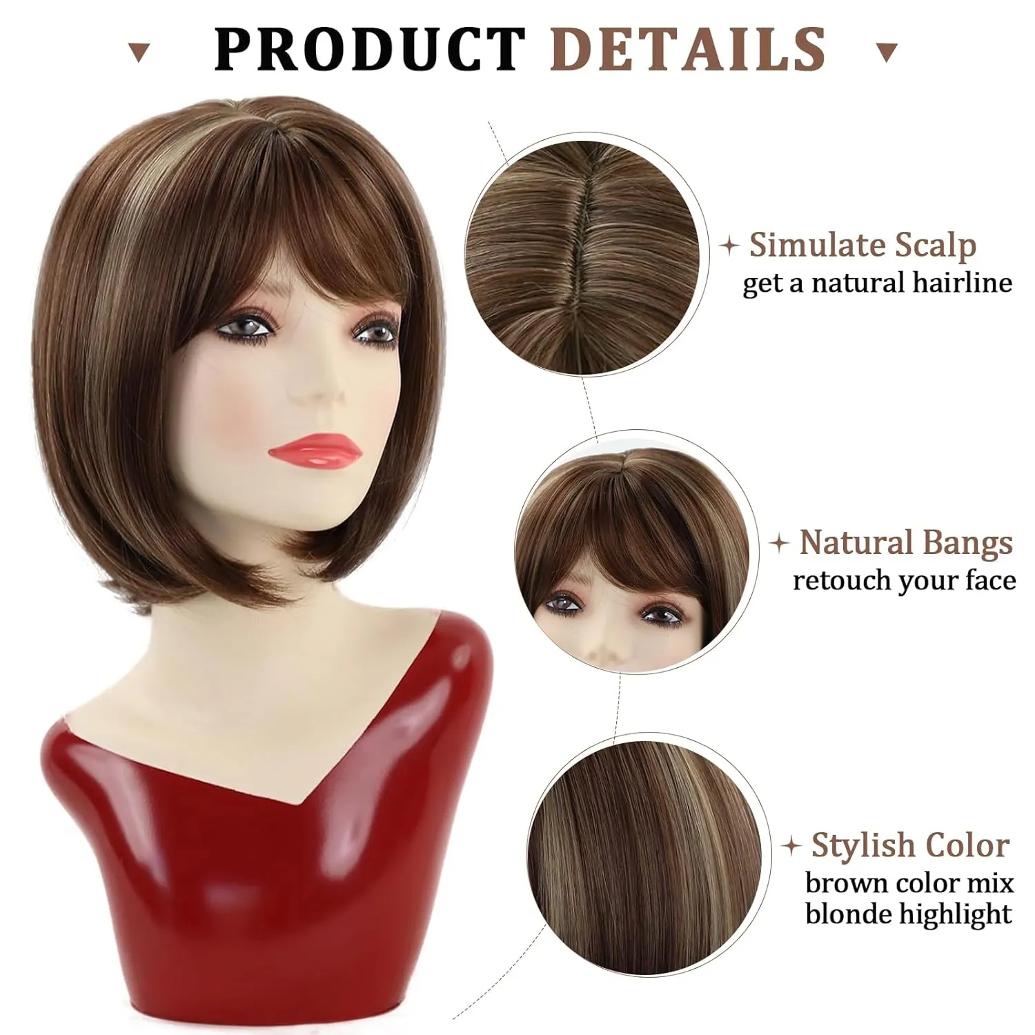 TISHINING Brown Highlights Short Bob Wig with Bangs Wigs for Women Chin Length Brown Mix Blonde Straight Hair Synthetic wig Natural Looking Daily Party Wig (12 Inch)