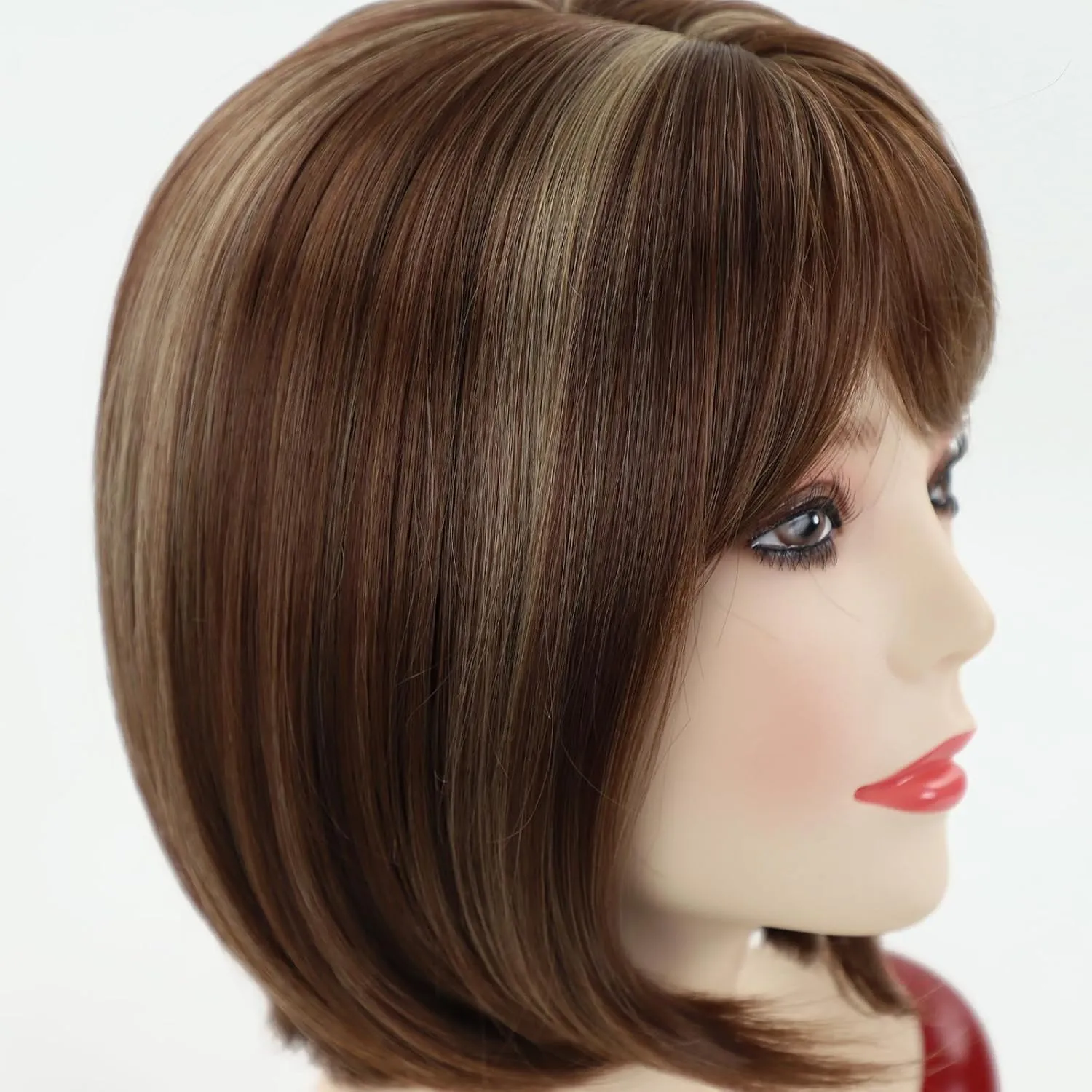 TISHINING Brown Highlights Short Bob Wig with Bangs Wigs for Women Chin Length Brown Mix Blonde Straight Hair Synthetic wig Natural Looking Daily Party Wig (12 Inch)