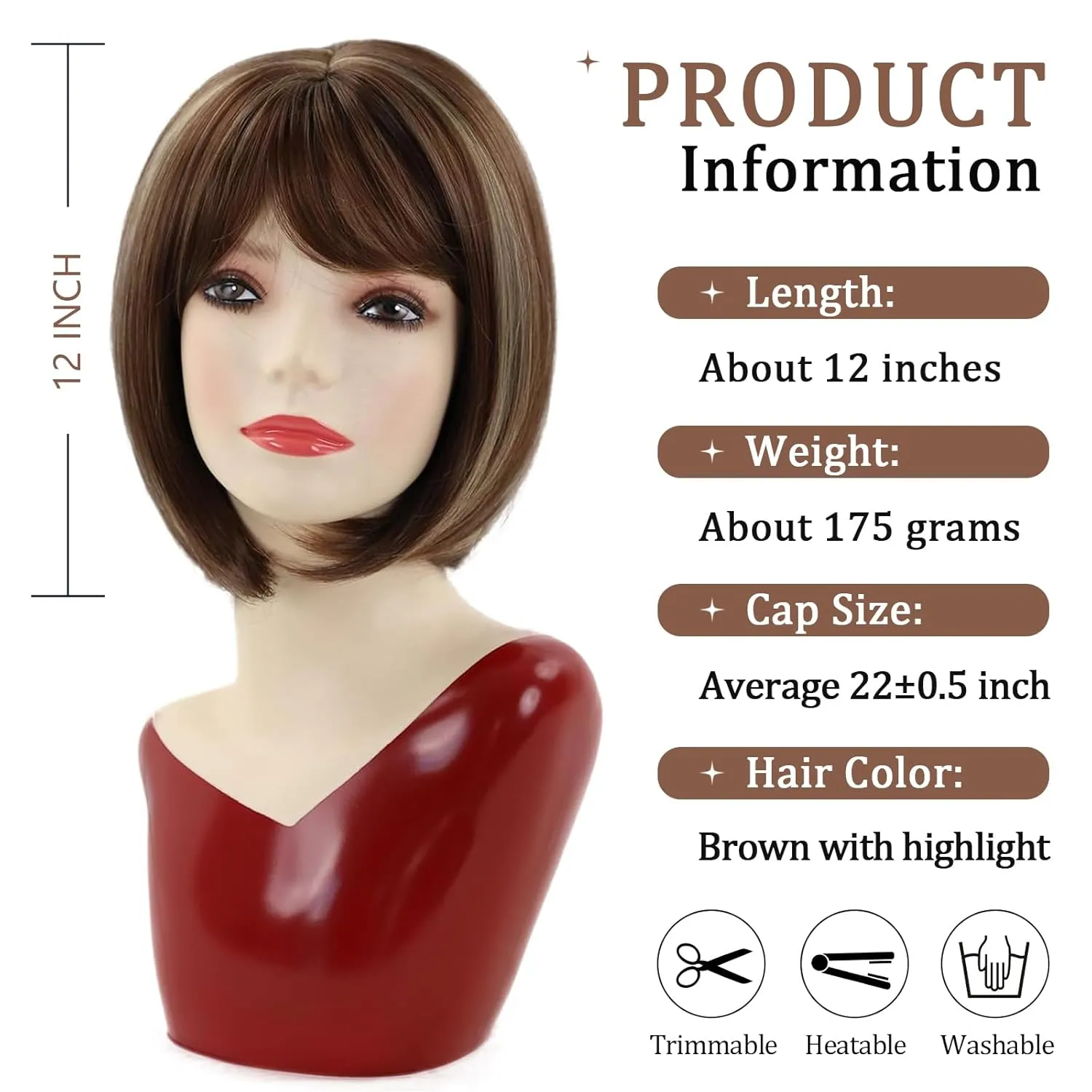 TISHINING Brown Highlights Short Bob Wig with Bangs Wigs for Women Chin Length Brown Mix Blonde Straight Hair Synthetic wig Natural Looking Daily Party Wig (12 Inch)