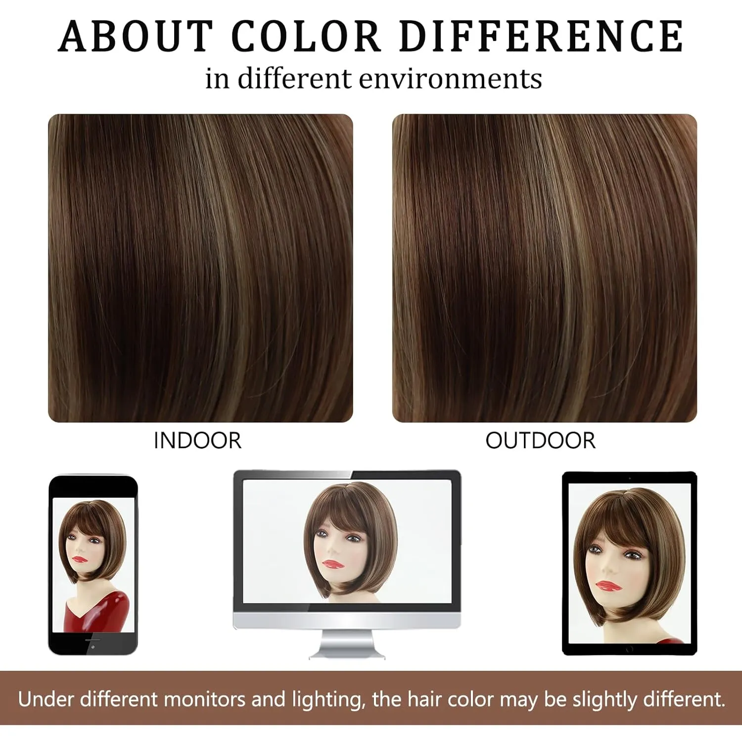 TISHINING Brown Highlights Short Bob Wig with Bangs Wigs for Women Chin Length Brown Mix Blonde Straight Hair Synthetic wig Natural Looking Daily Party Wig (12 Inch)
