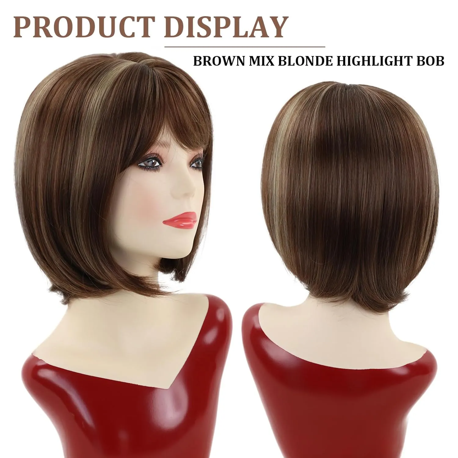 TISHINING Brown Highlights Short Bob Wig with Bangs Wigs for Women Chin Length Brown Mix Blonde Straight Hair Synthetic wig Natural Looking Daily Party Wig (12 Inch)