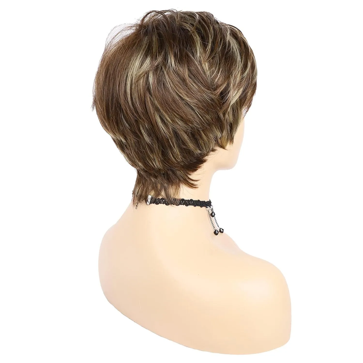 TISHINING Pixie Cut Brown Short Hair Wigs for White Women with Bangs Brown Mixed Blonde Highlights Layered Natural Looking Synthetic Hair Replacement Wigs for Daily Party Use