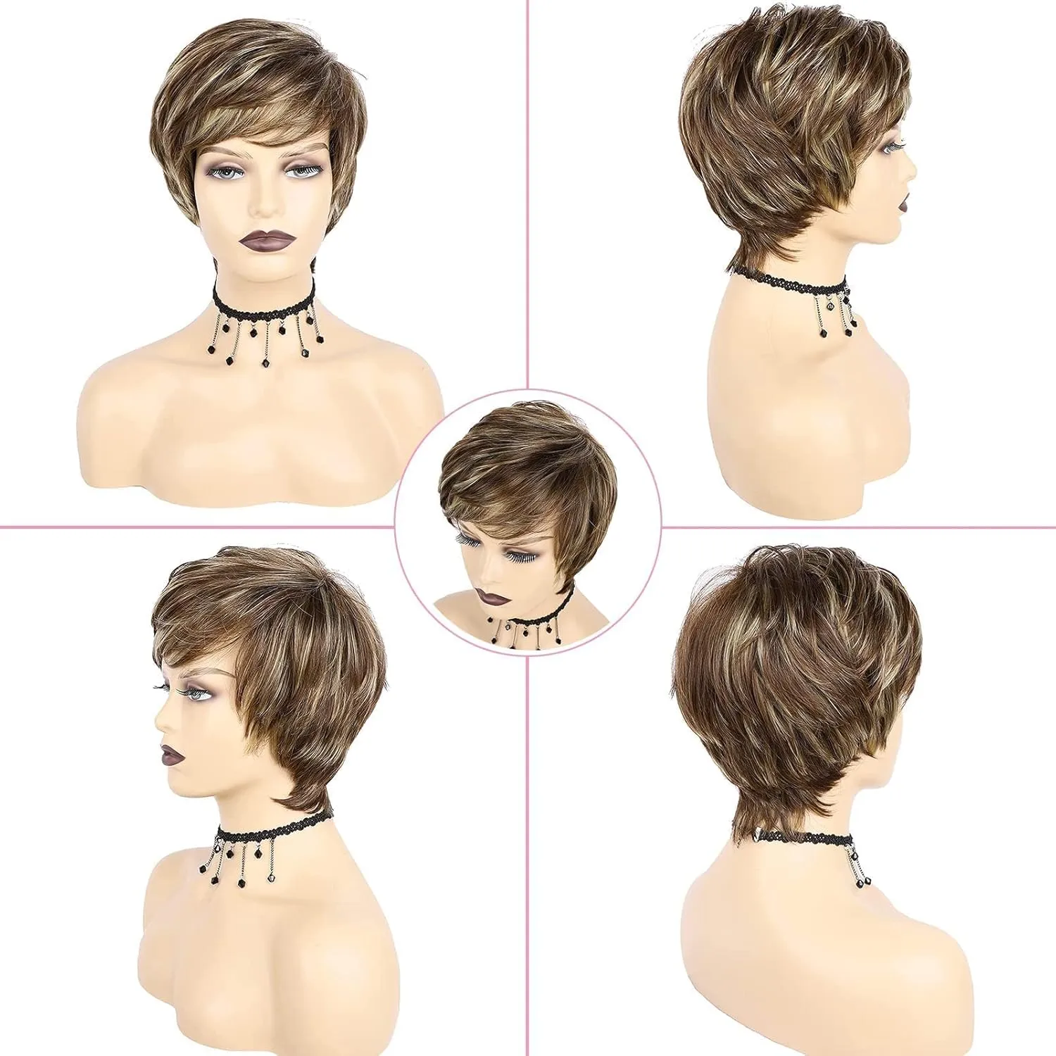 TISHINING Pixie Cut Brown Short Hair Wigs for White Women with Bangs Brown Mixed Blonde Highlights Layered Natural Looking Synthetic Hair Replacement Wigs for Daily Party Use