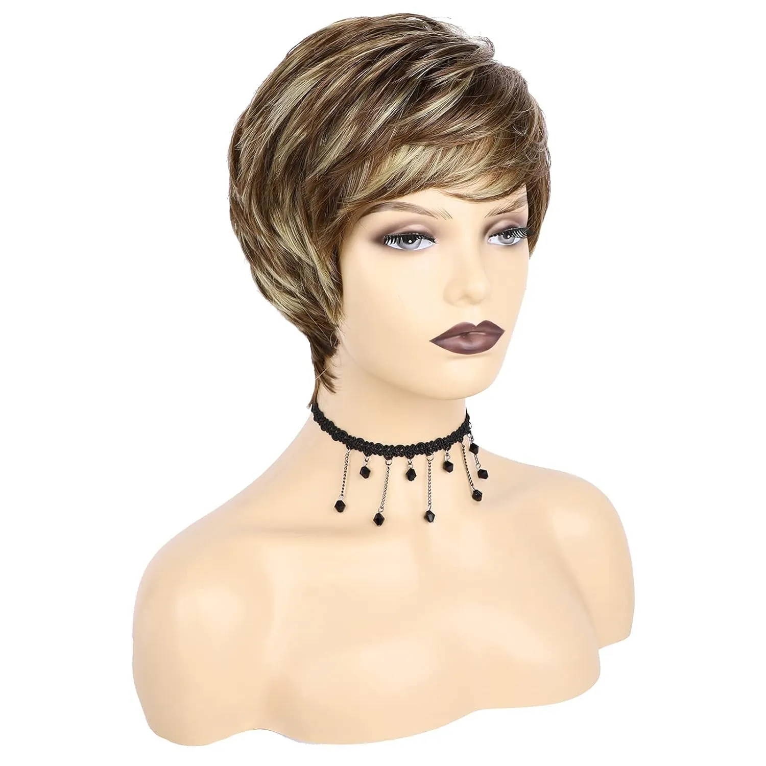 TISHINING Pixie Cut Brown Short Hair Wigs for White Women with Bangs Brown Mixed Blonde Highlights Layered Natural Looking Synthetic Hair Replacement Wigs for Daily Party Use