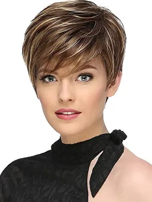 TISHINING Pixie Cut Brown Short Hair Wigs for White Women with Bangs Brown Mixed Blonde Highlights Layered Natural Looking Synthetic Hair Replacement Wigs for Daily Party Use