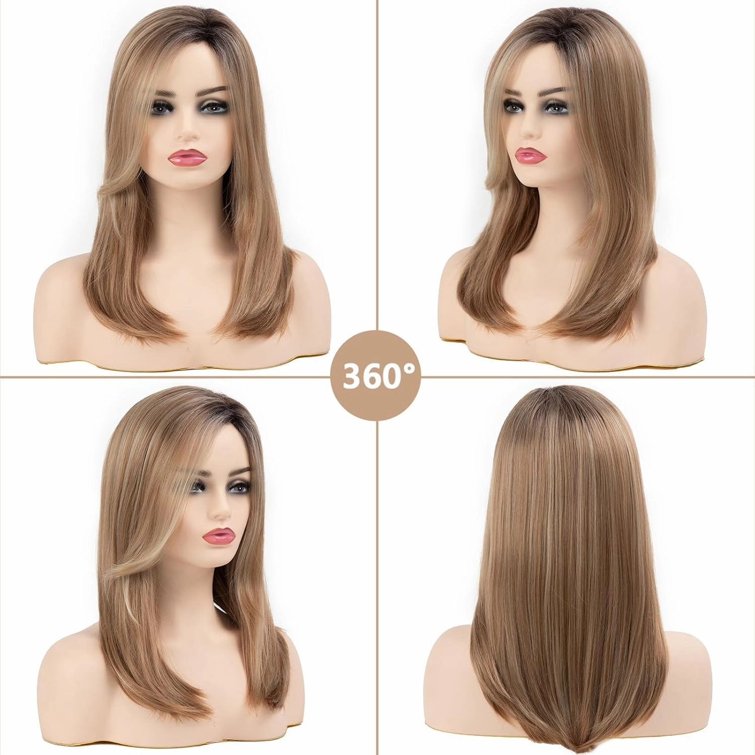 TISHINING 18 Inches Strawberry Blonde Natural Straight Hair Wigs for White Women Medium Length Ombre Blonde Side Part Synthetic Hair Wig with Dark Roots Natural Looking Daily Party Wig