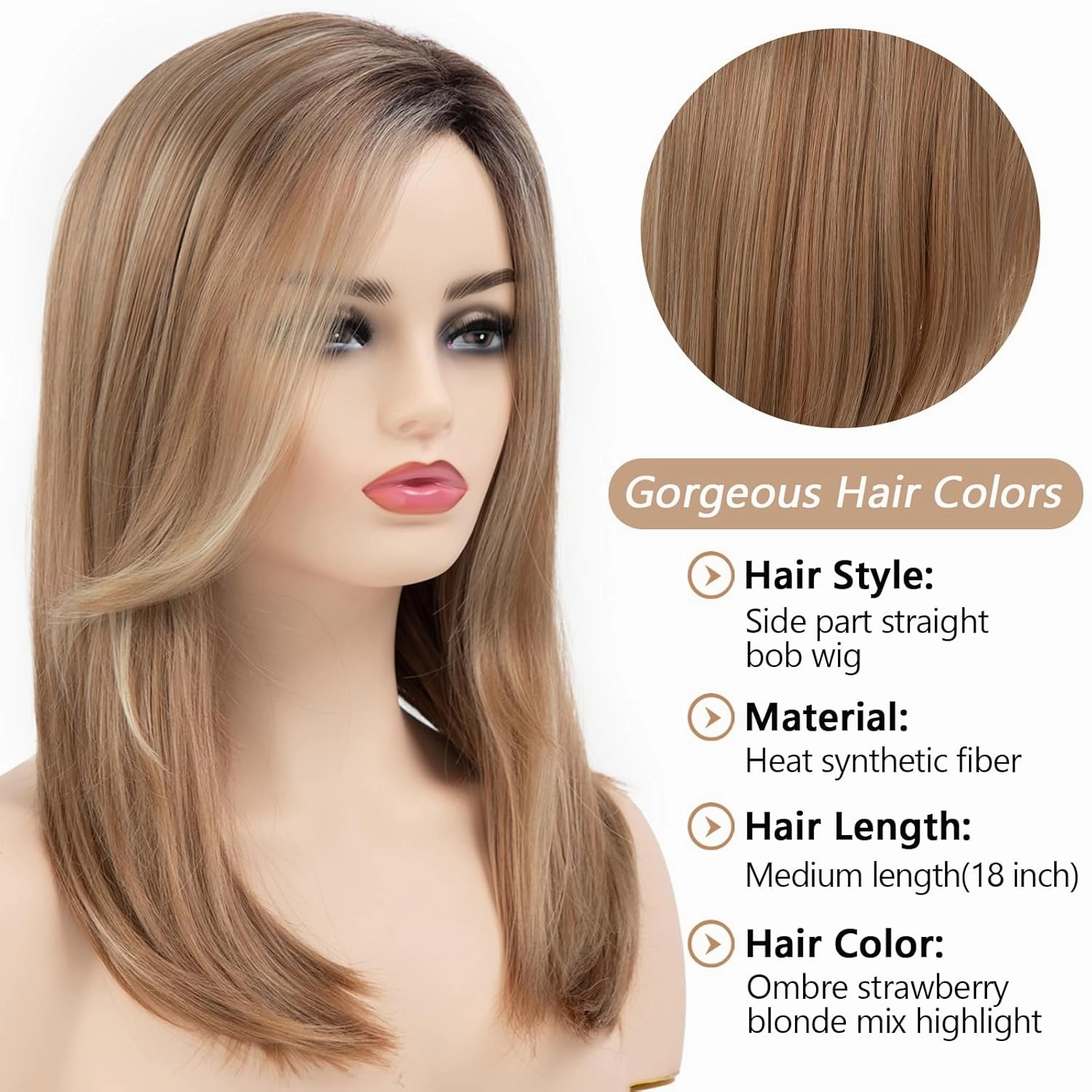 TISHINING 18 Inches Strawberry Blonde Natural Straight Hair Wigs for White Women Medium Length Ombre Blonde Side Part Synthetic Hair Wig with Dark Roots Natural Looking Daily Party Wig