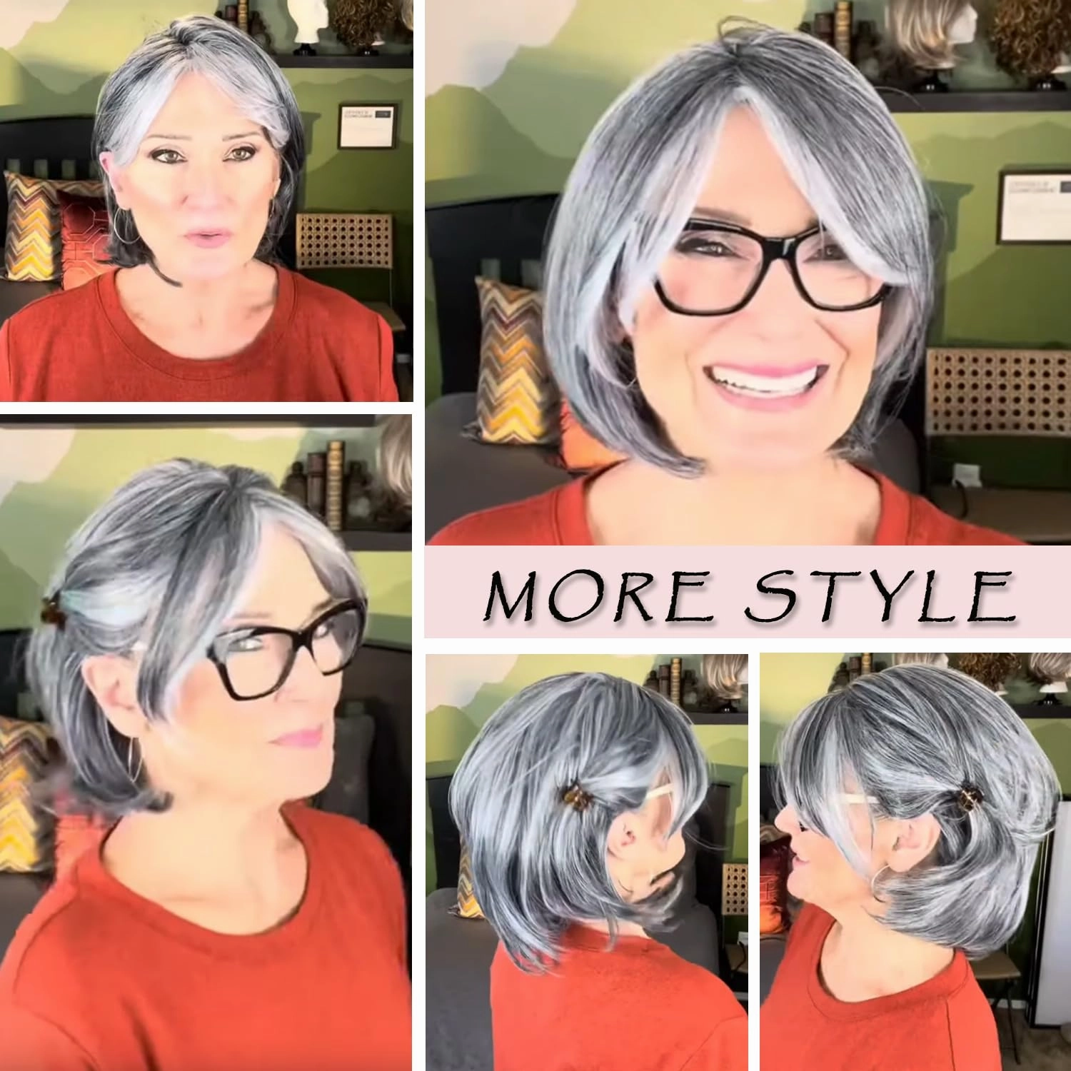 TISHINING Grey Short Bob Wigs for White Women with Curtain Bangs Chin Length Highlight Gray Natural Straight Hair Wig Synthetic Natural Looking Daily Party Wig Salt and Pepper Wigs for Women