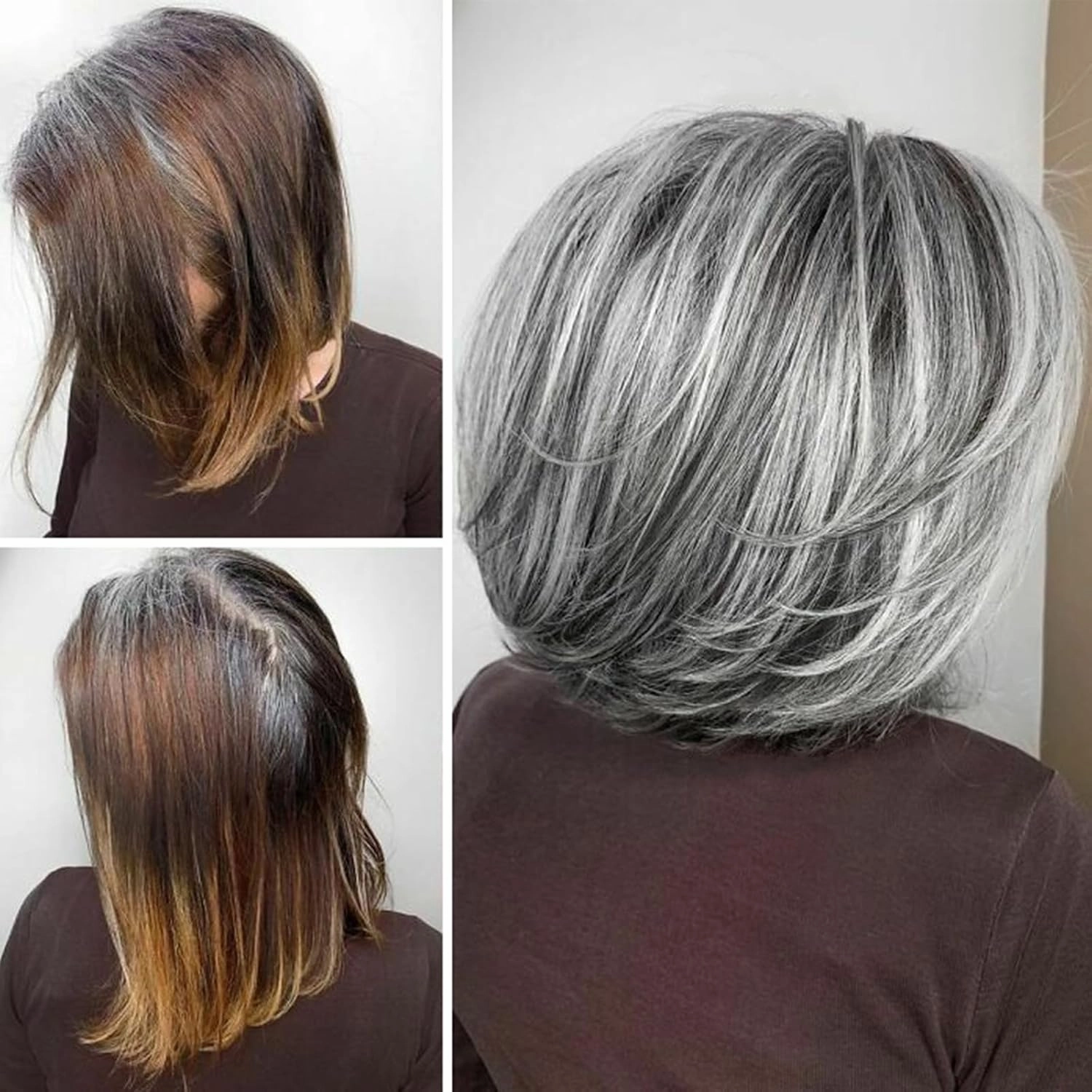 TISHINING Grey Short Bob Wigs for White Women with Curtain Bangs Chin Length Highlight Gray Natural Straight Hair Wig Synthetic Natural Looking Daily Party Wig Salt and Pepper Wigs for Women