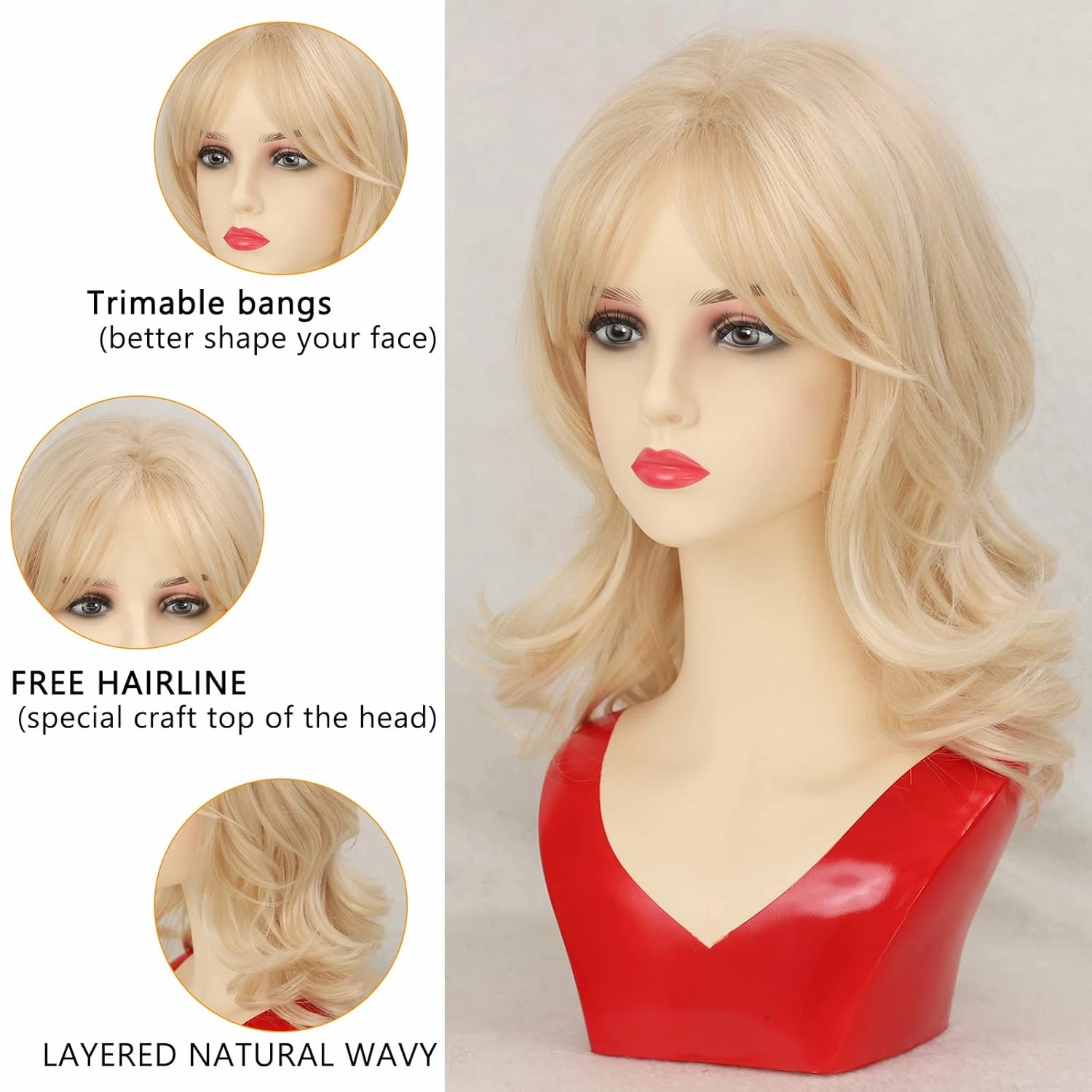 TISHINING Medium Curly Blonde Wigs for White Women Layered Mixed Blonde Curly Wavy Wig with Curtain Bangs Natural Looking Synthetic Halloween Cosplay Daily Party Wig (16 Inch) …