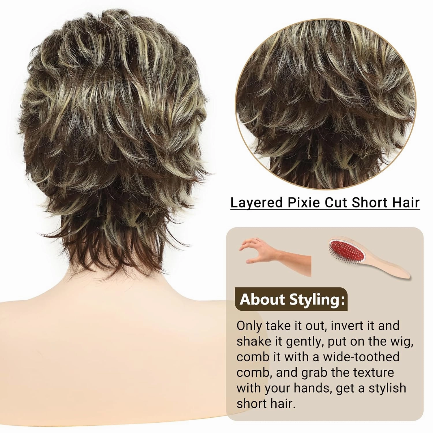 TISHINING Short Brown Mixed Blonde Highlight Pixie Cut Wigs for White Women Shaggy Layered Mixed Blonde Wavy Wig with Bangs Natural Looking Synthetic Hair Replacement Wig