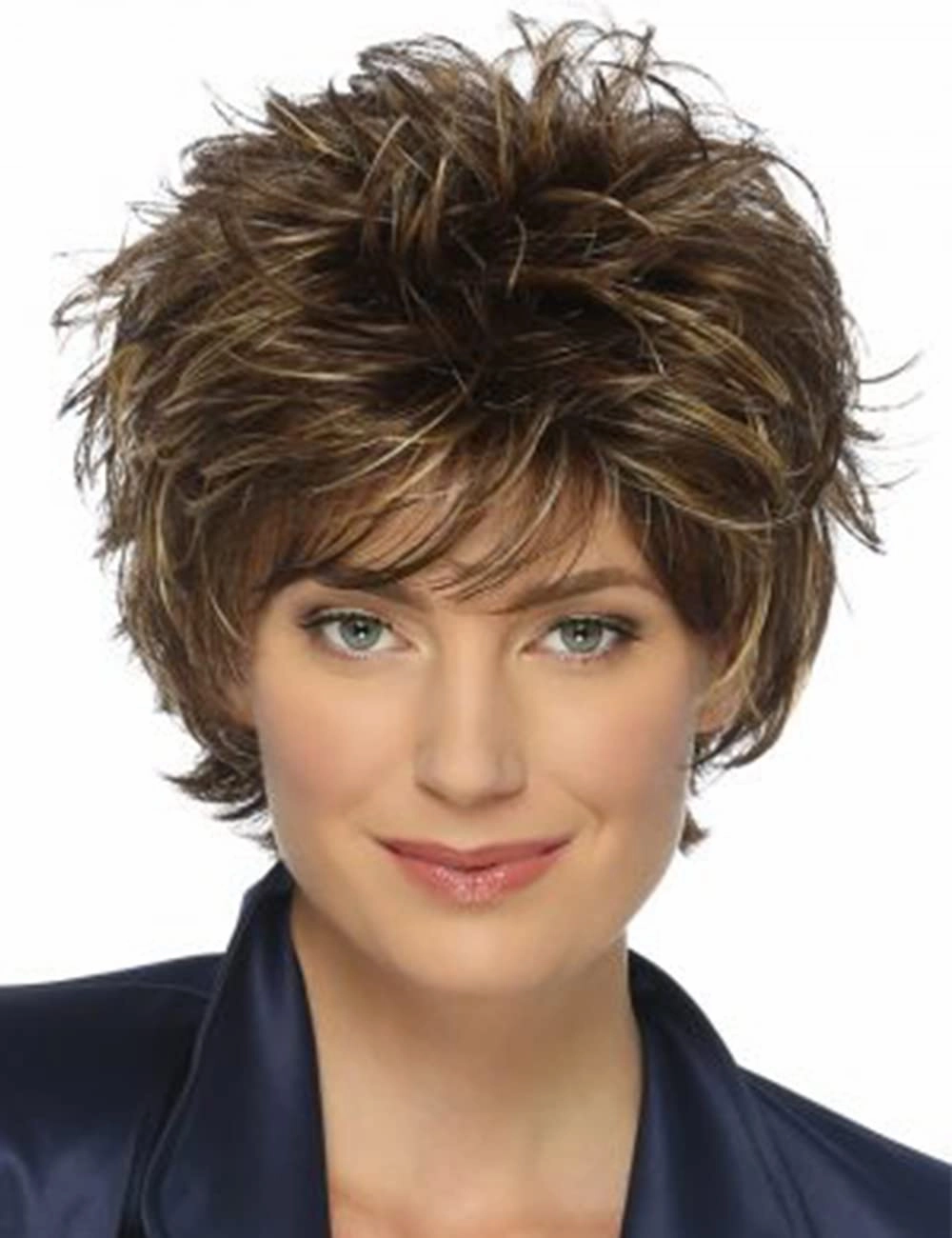 TISHINING Short Brown Mixed Blonde Highlight Pixie Cut Wigs for White Women Shaggy Layered Mixed Blonde Wavy Wig with Bangs Natural Looking Synthetic Hair Replacement Wig