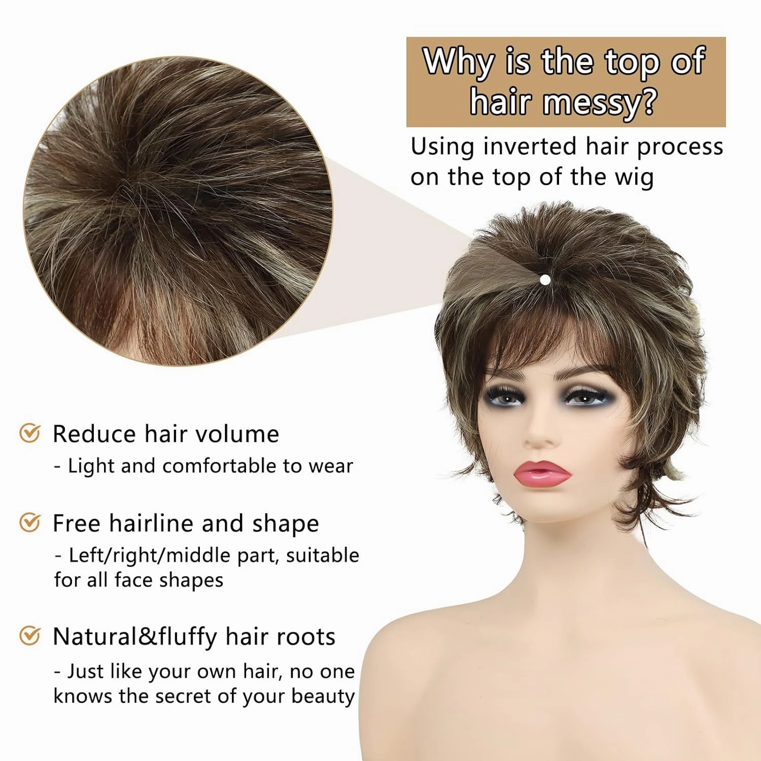 TISHINING Short Brown Mixed Blonde Highlight Pixie Cut Wigs for White Women Shaggy Layered Mixed Blonde Wavy Wig with Bangs Natural Looking Synthetic Hair Replacement Wig