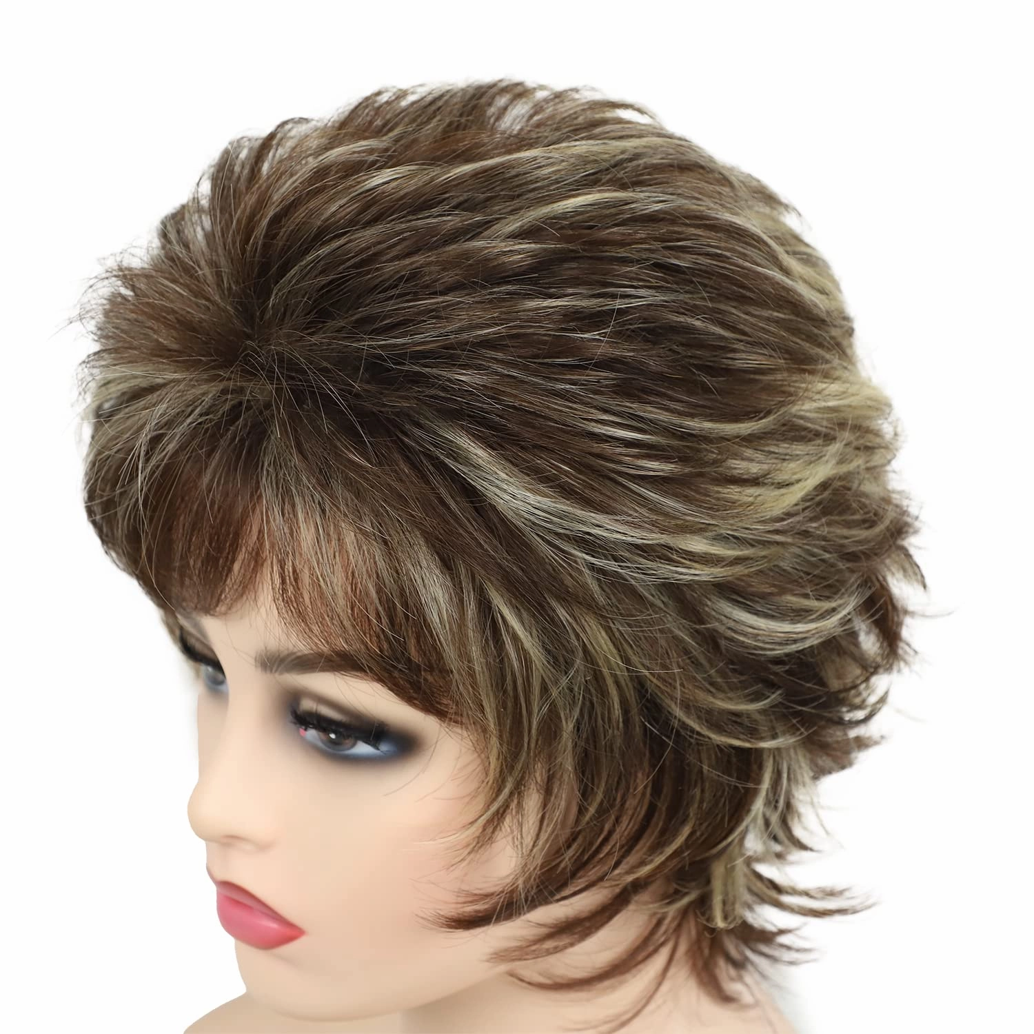 TISHINING Short Brown Mixed Blonde Highlight Pixie Cut Wigs for White Women Shaggy Layered Mixed Blonde Wavy Wig with Bangs Natural Looking Synthetic Hair Replacement Wig