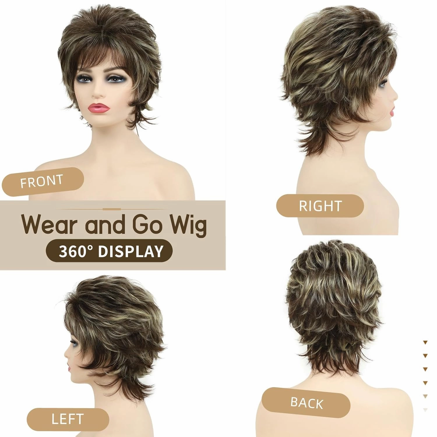 TISHINING Short Brown Mixed Blonde Highlight Pixie Cut Wigs for White Women Shaggy Layered Mixed Blonde Wavy Wig with Bangs Natural Looking Synthetic Hair Replacement Wig