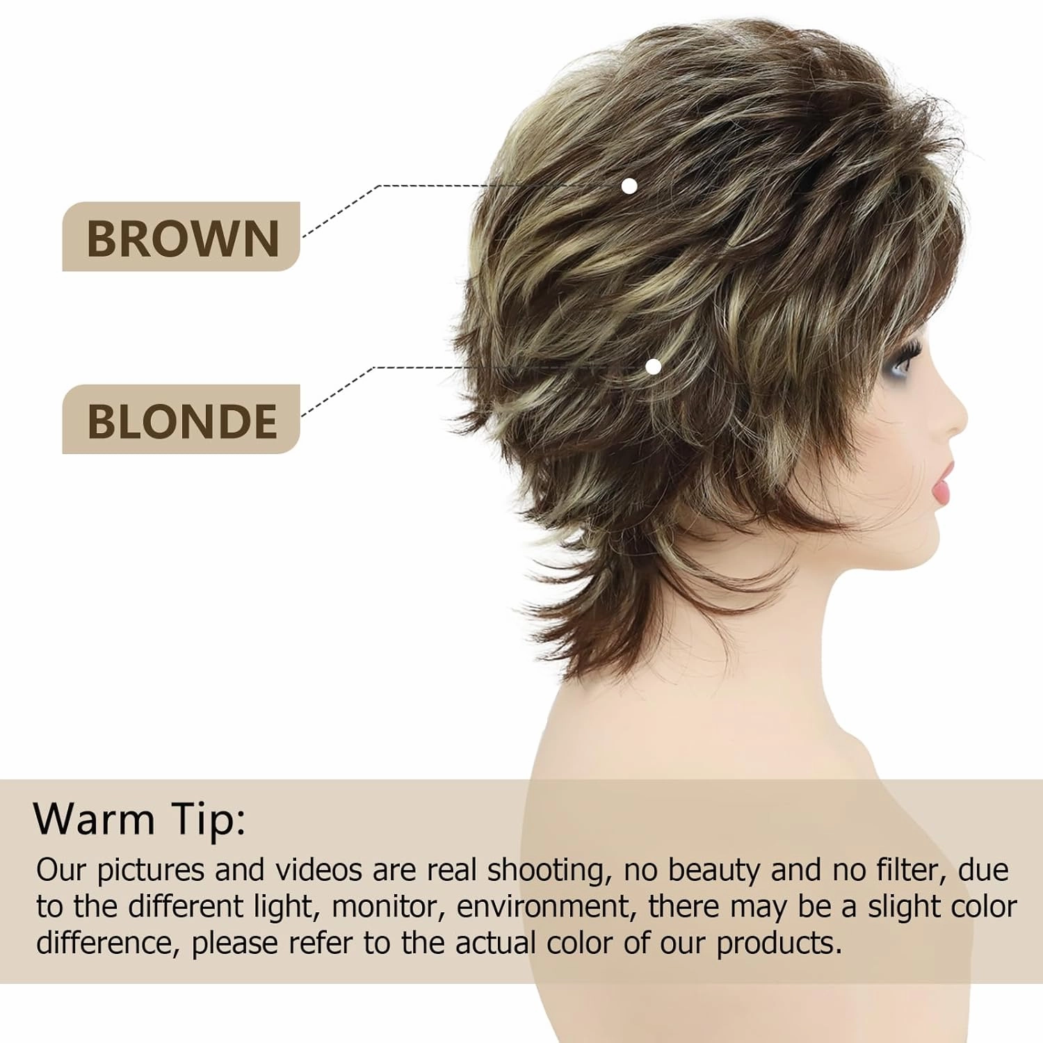 TISHINING Short Brown Mixed Blonde Highlight Pixie Cut Wigs for White Women Shaggy Layered Mixed Blonde Wavy Wig with Bangs Natural Looking Synthetic Hair Replacement Wig
