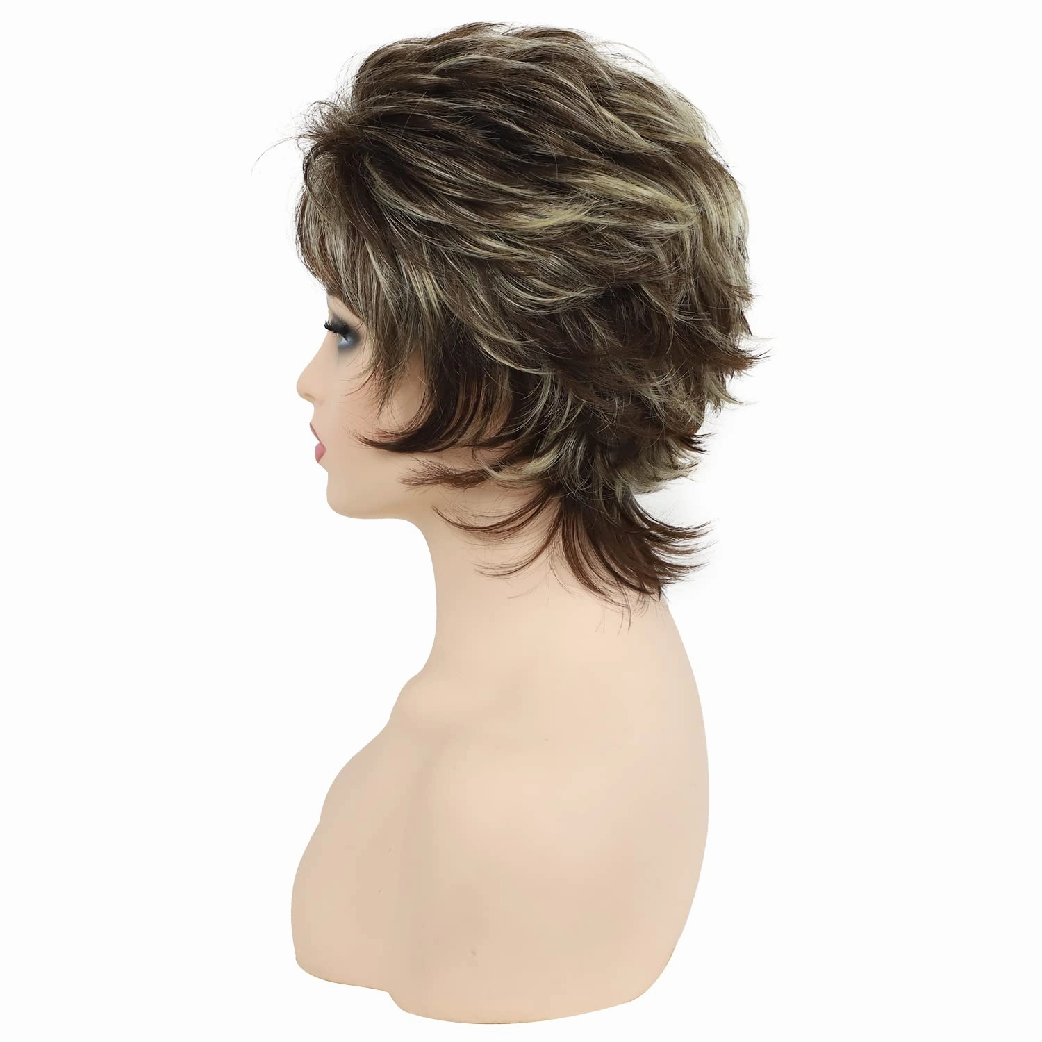 TISHINING Short Brown Mixed Blonde Highlight Pixie Cut Wigs for White Women Shaggy Layered Mixed Blonde Wavy Wig with Bangs Natural Looking Synthetic Hair Replacement Wig