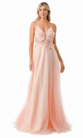 Trevi Collection L2782A - Appliqued Plunging V-Neck Evening Gown