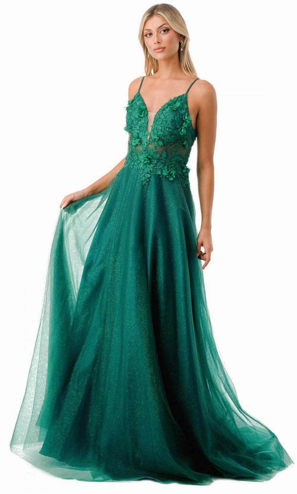 Trevi Collection L2782A - Appliqued Plunging V-Neck Evening Gown