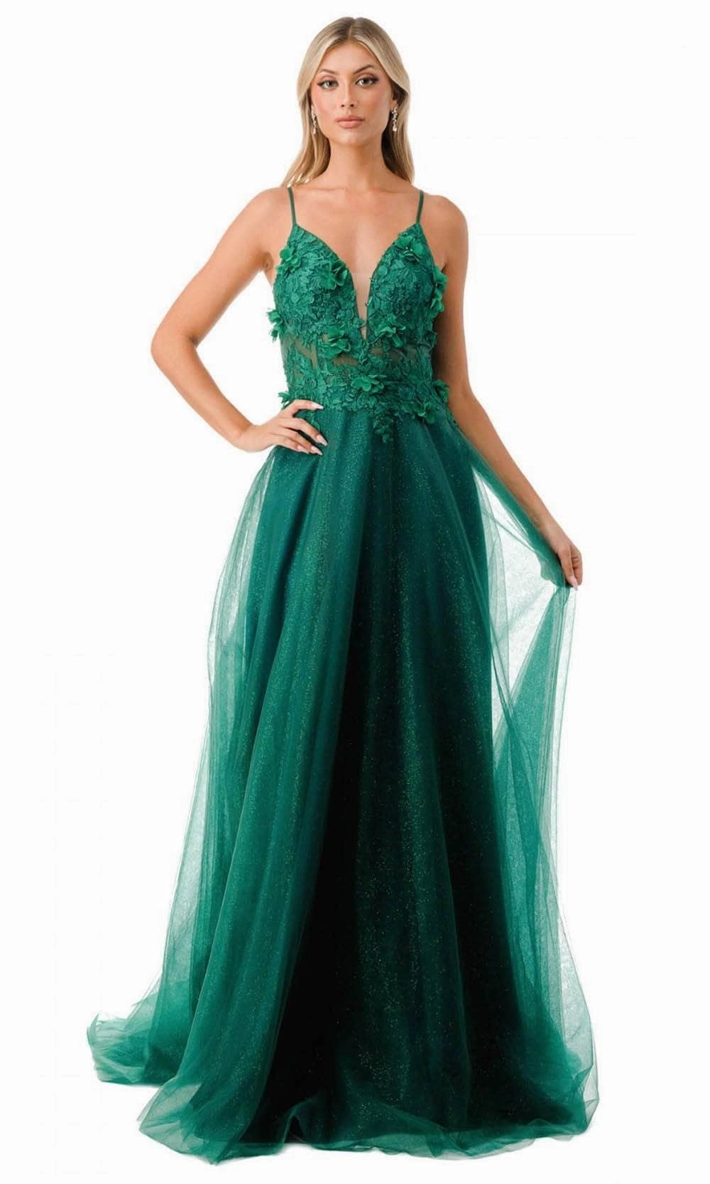 Trevi Collection L2782A - Appliqued Plunging V-Neck Evening Gown