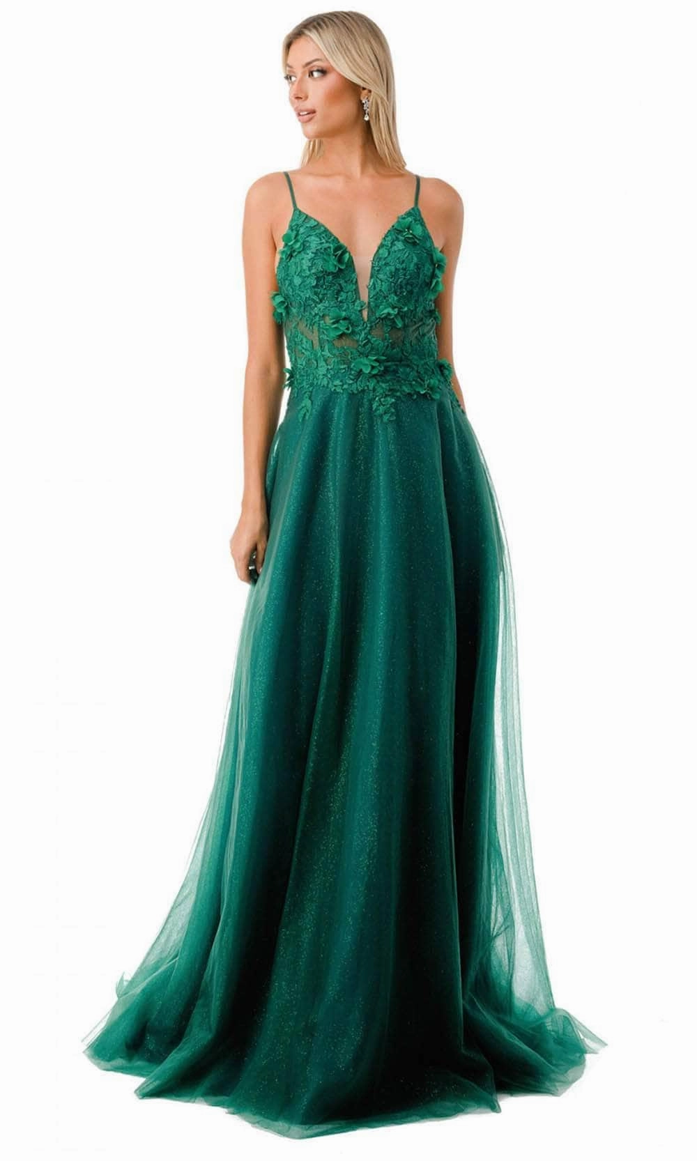 Trevi Collection L2782A - Appliqued Plunging V-Neck Evening Gown