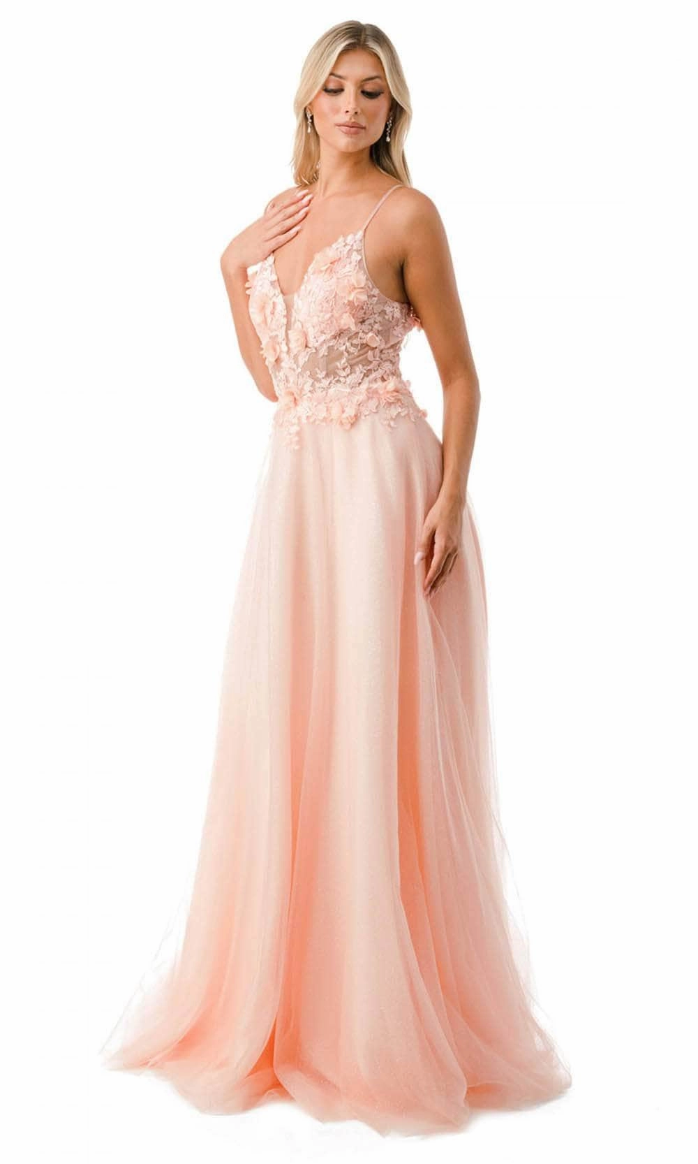 Trevi Collection L2782A - Appliqued Plunging V-Neck Evening Gown
