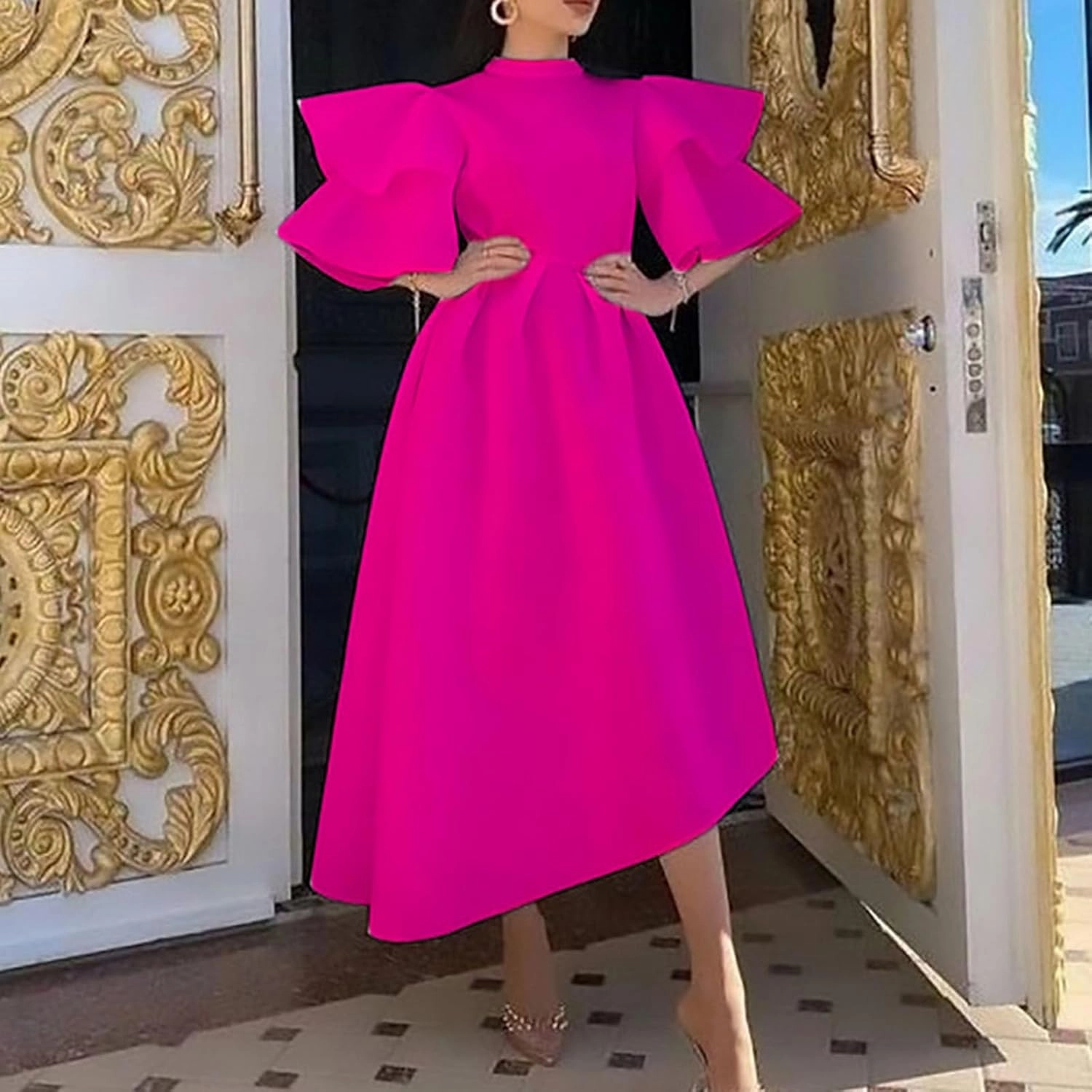 Uillui Ball Gowns for Women Formal Puffy Double Layers Ruffle Sleeve Dress Mock Neck Asymmetric Hem Cocktail Evening Dresses