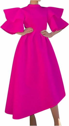 Uillui Ball Gowns for Women Formal Puffy Double Layers Ruffle Sleeve Dress Mock Neck Asymmetric Hem Cocktail Evening Dresses