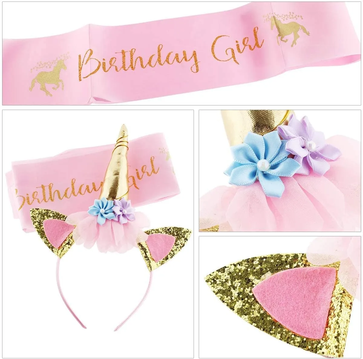 Unicorn Birthday Set - Gold Glitter Headband, Pink Satin Sash for Happy Birthday Party Supplies, Favors, and Decorations