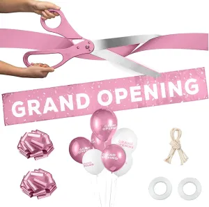 Upper Midland Products Deluxe Grand Opening Ribbon Cutting Ceremony Kit - 25" Giant Scissors, Pink Satin Ribbon, Banner, Bows, Balloons & More