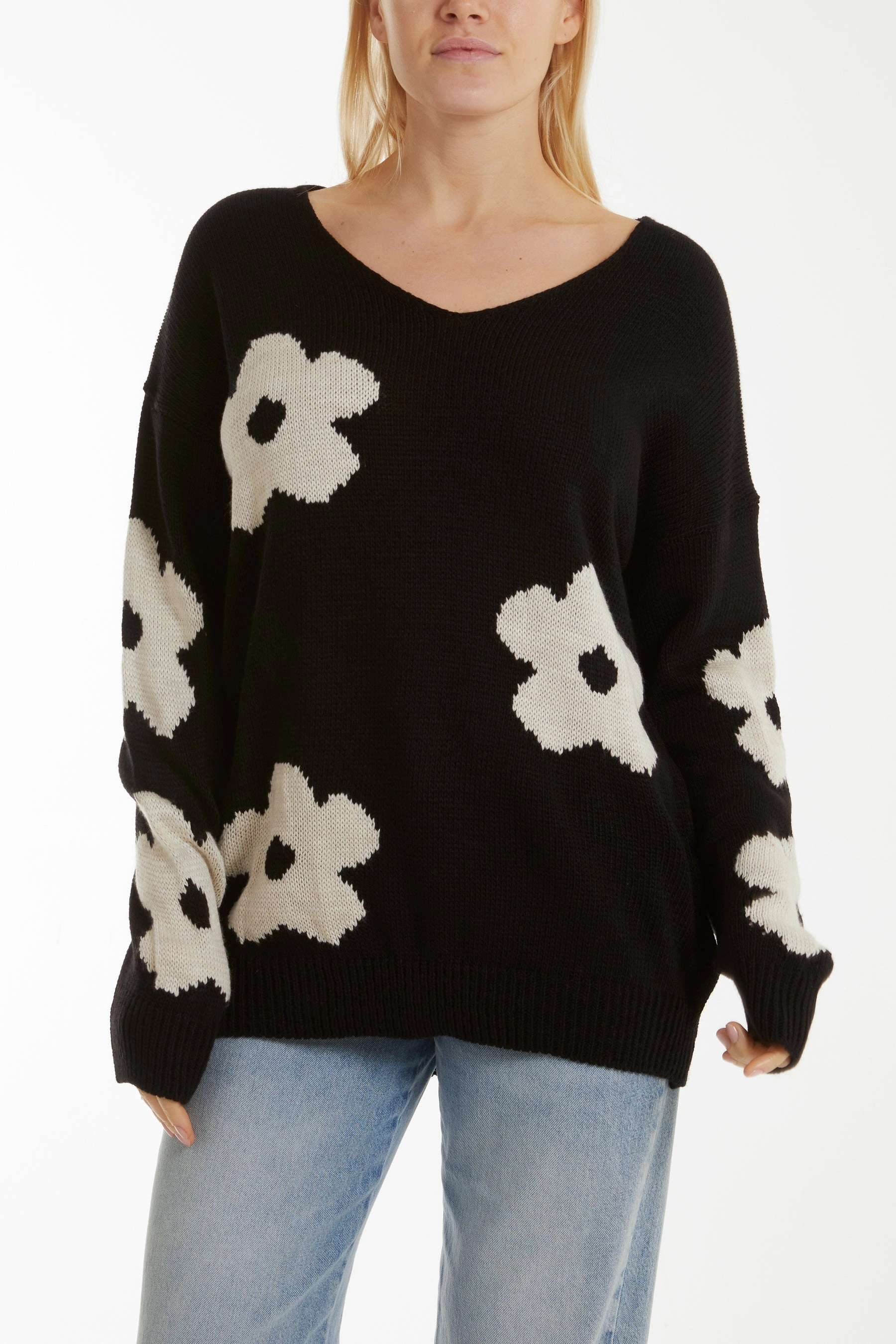 V-Neck Flower Jacquard Jumper