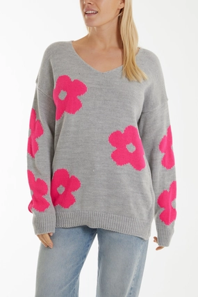 V-Neck Flower Jacquard Jumper