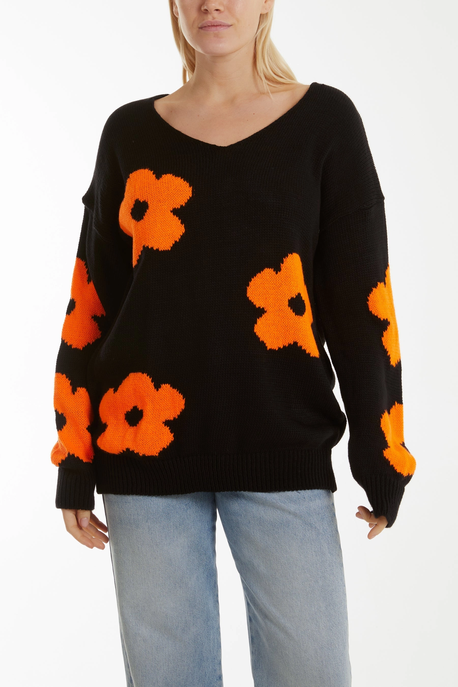 V-Neck Flower Jacquard Jumper