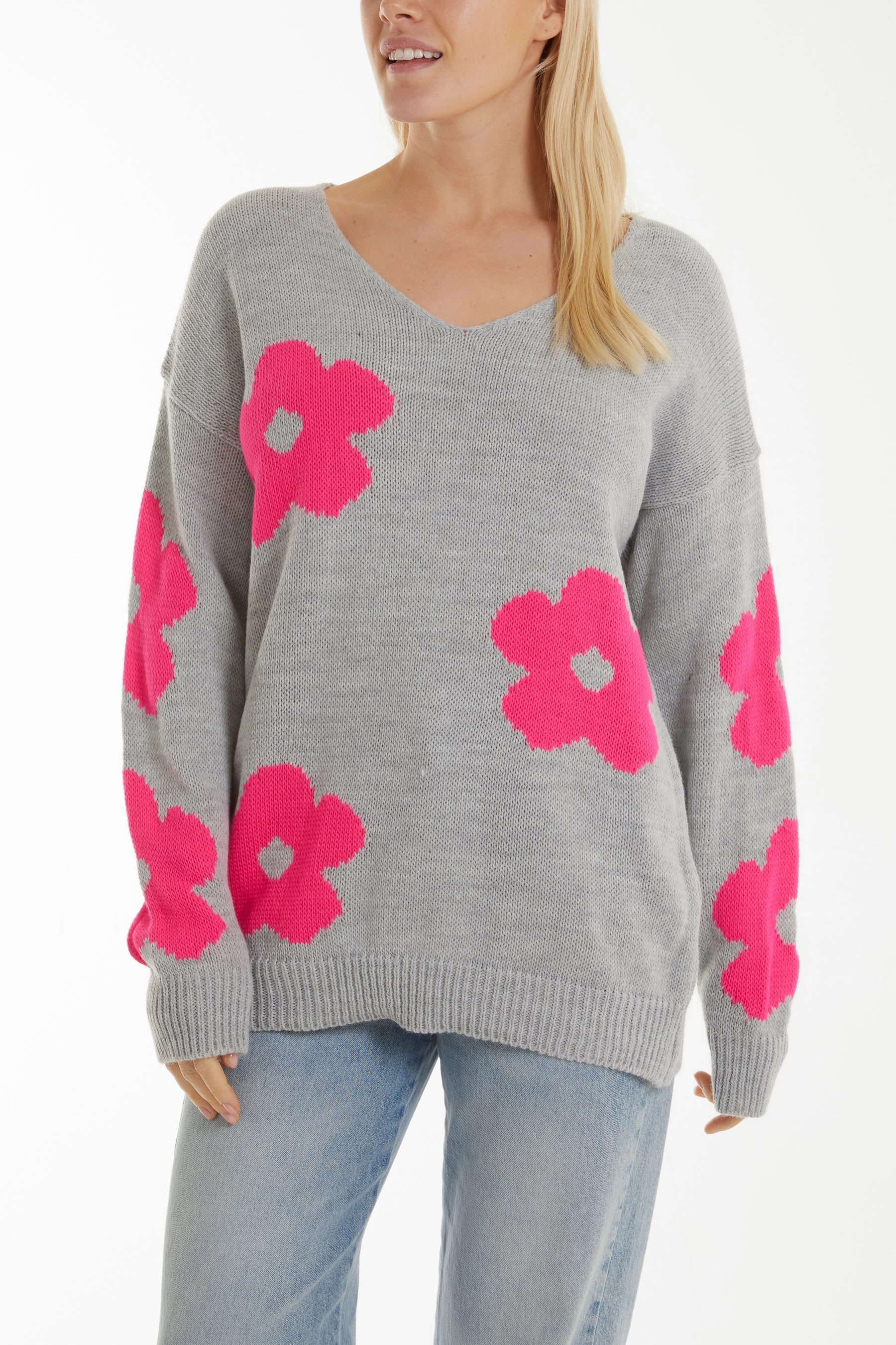 V-Neck Flower Jacquard Jumper