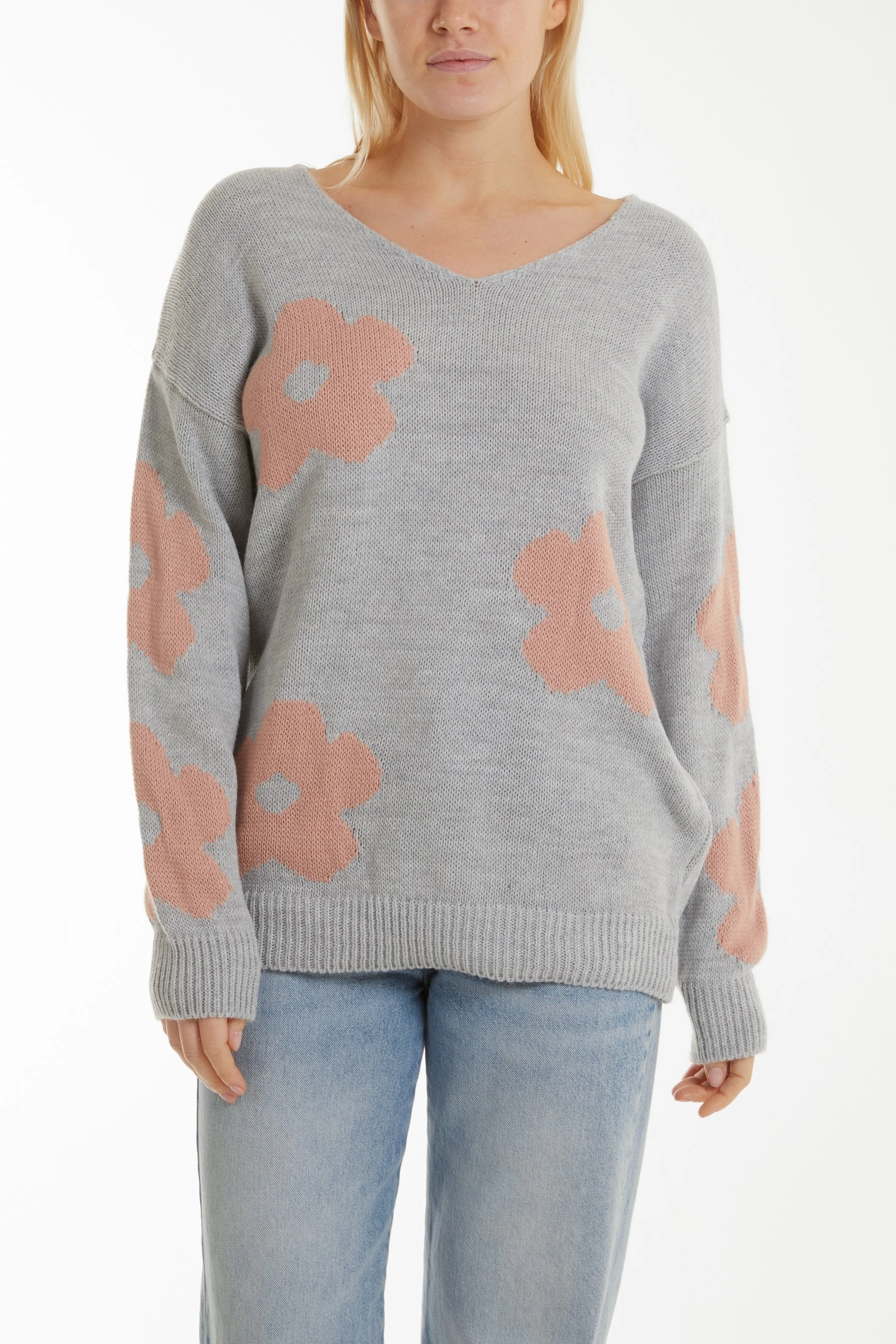 V-Neck Flower Jacquard Jumper