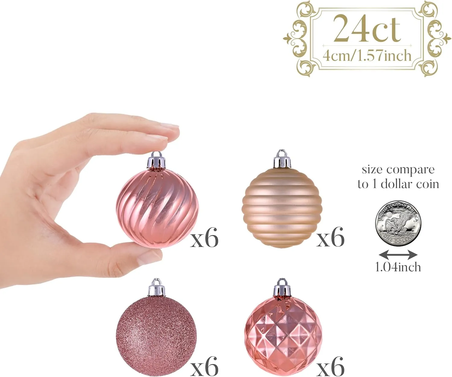Valery Madelyn Christmas Ornaments Tree Decorations Set, 24ct Rose Gold Shatterproof Ball Ornaments, 2.36" Hanging Ornament Bulk for Valentines Mardi Gras St. Patrick's Day Holiday Party Decor