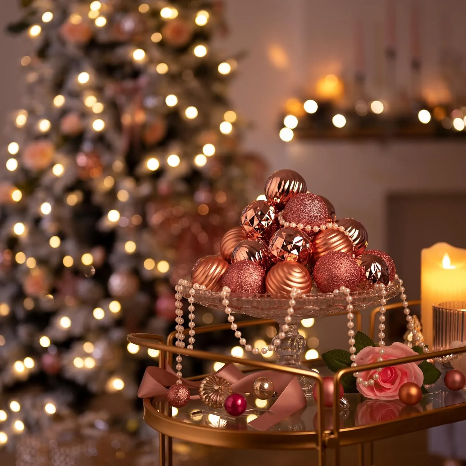 Valery Madelyn Christmas Ornaments Tree Decorations Set, 24ct Rose Gold Shatterproof Ball Ornaments, 2.36" Hanging Ornament Bulk for Valentines Mardi Gras St. Patrick's Day Holiday Party Decor