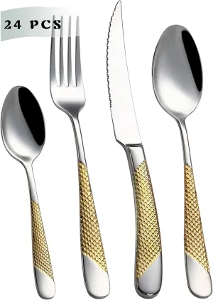 VANDBAO Flatware Cutlery Silverware Set 24 Pieces, Gilding 18/10 Stainless Steel Utensils, Tableware Set Service for 6, Include Knife/Fork/Spoon, Reusable, Mirror Polished, Dishwasher Safe